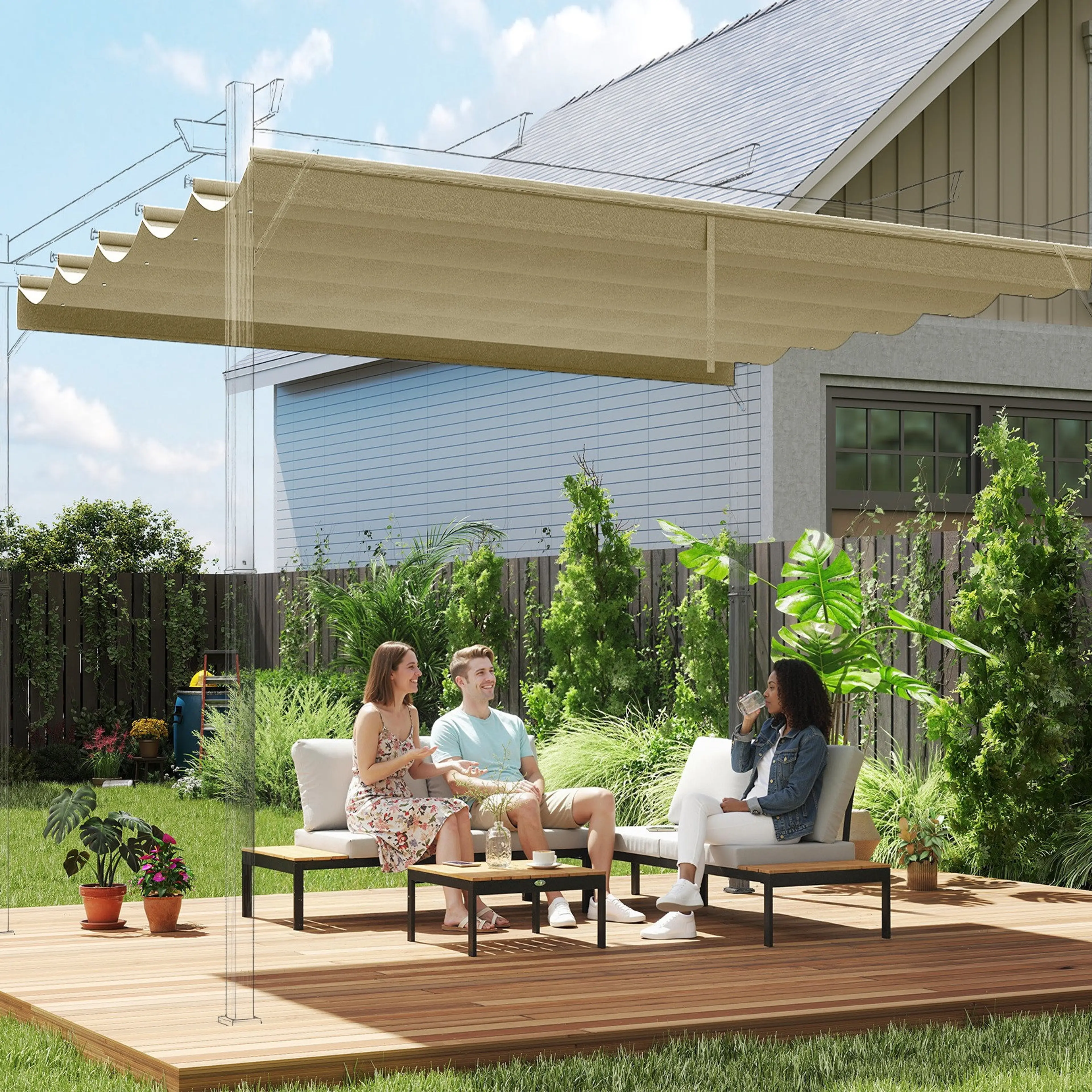 Beige pergoladuk monterad på en pergola över ett trädäck med loungemöbler