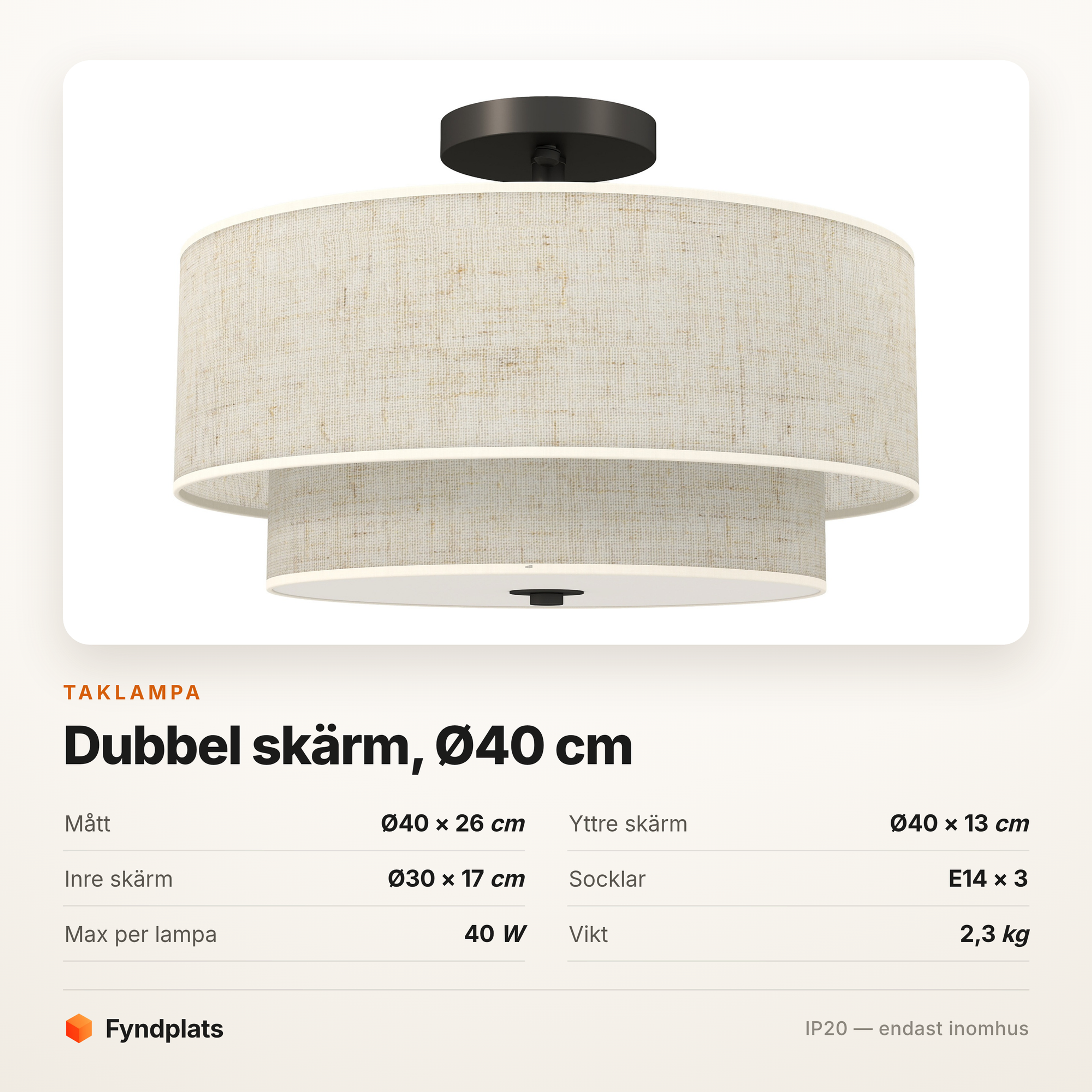 Taklampa med dubbel linneskärm Ø40 cm – tre E14, krämvit och svart – bild 5