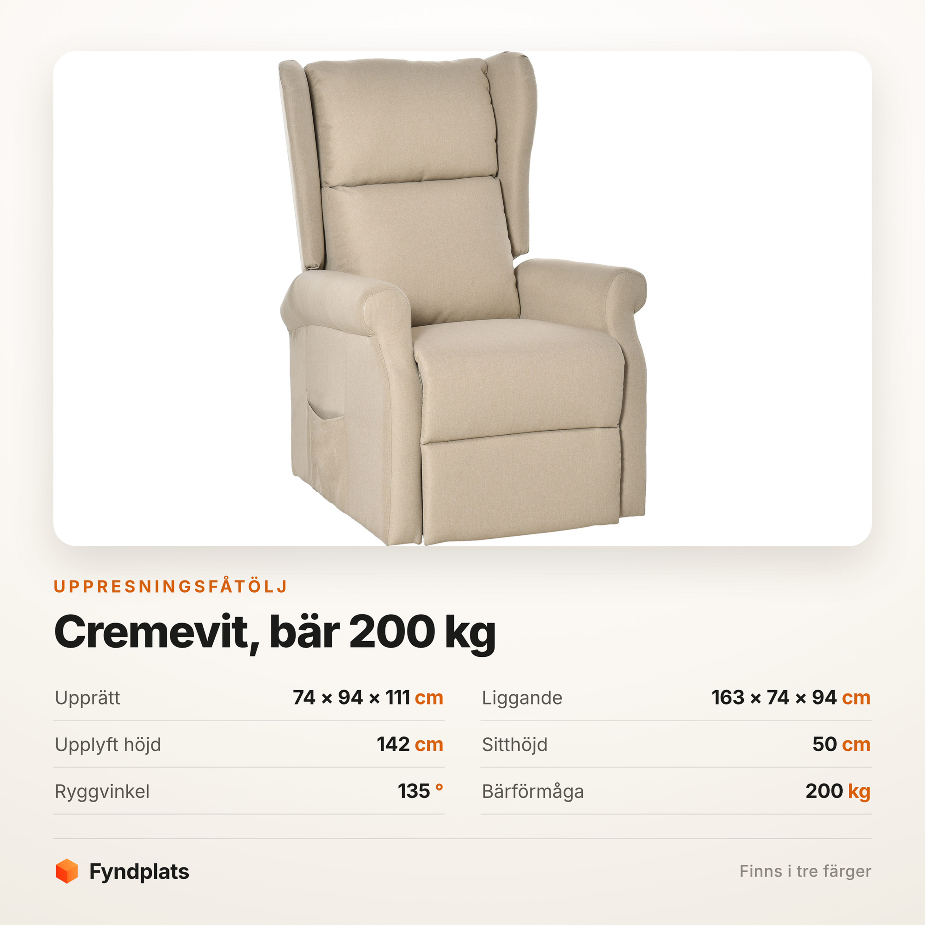 Uppresningsfåtölj cremevit som bär 200 kg – 163 cm liggläge, sitthöjd 50 cm – bild 5
