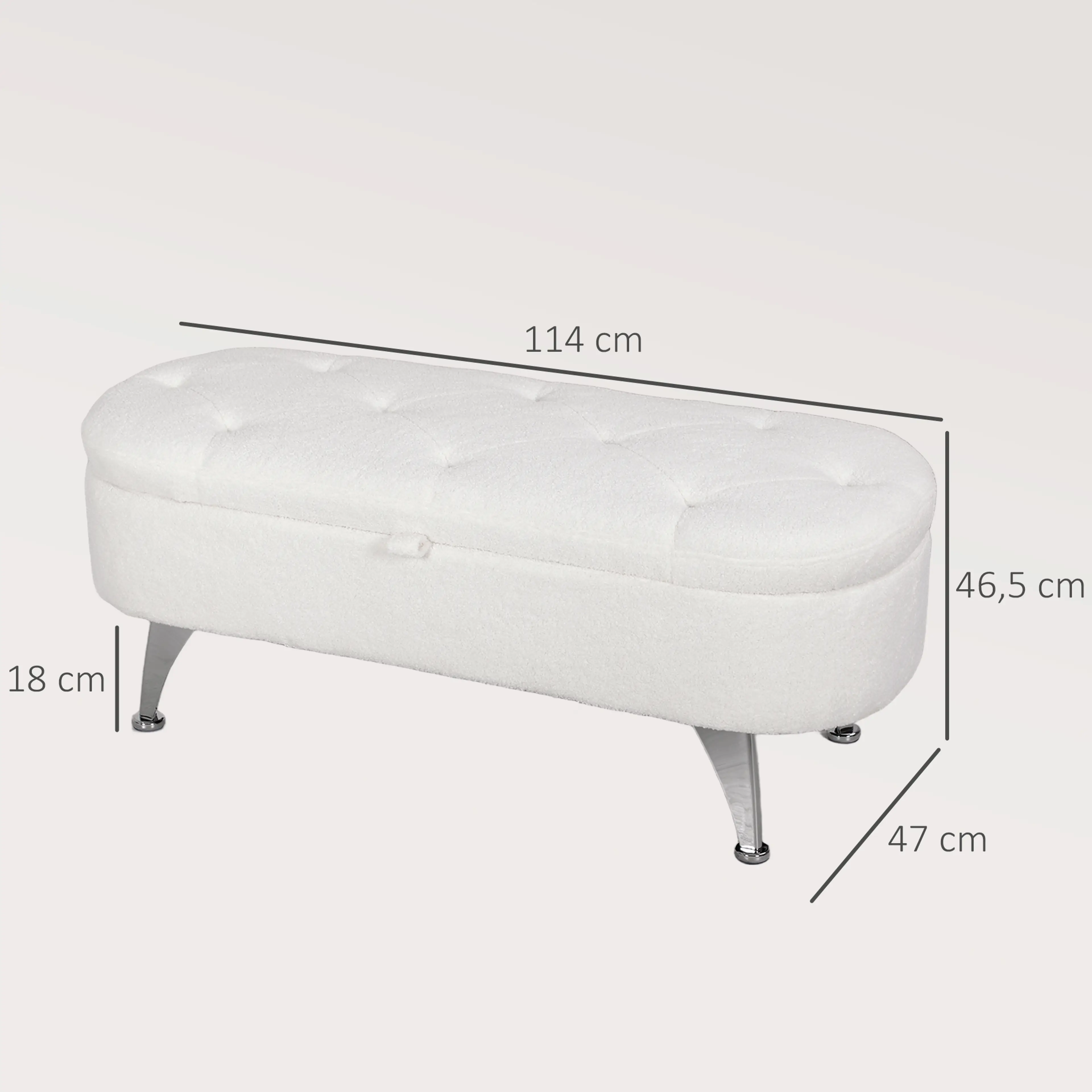 Måttskiss: bänken 114 cm bred, 47 cm djup och 46,5 cm hög