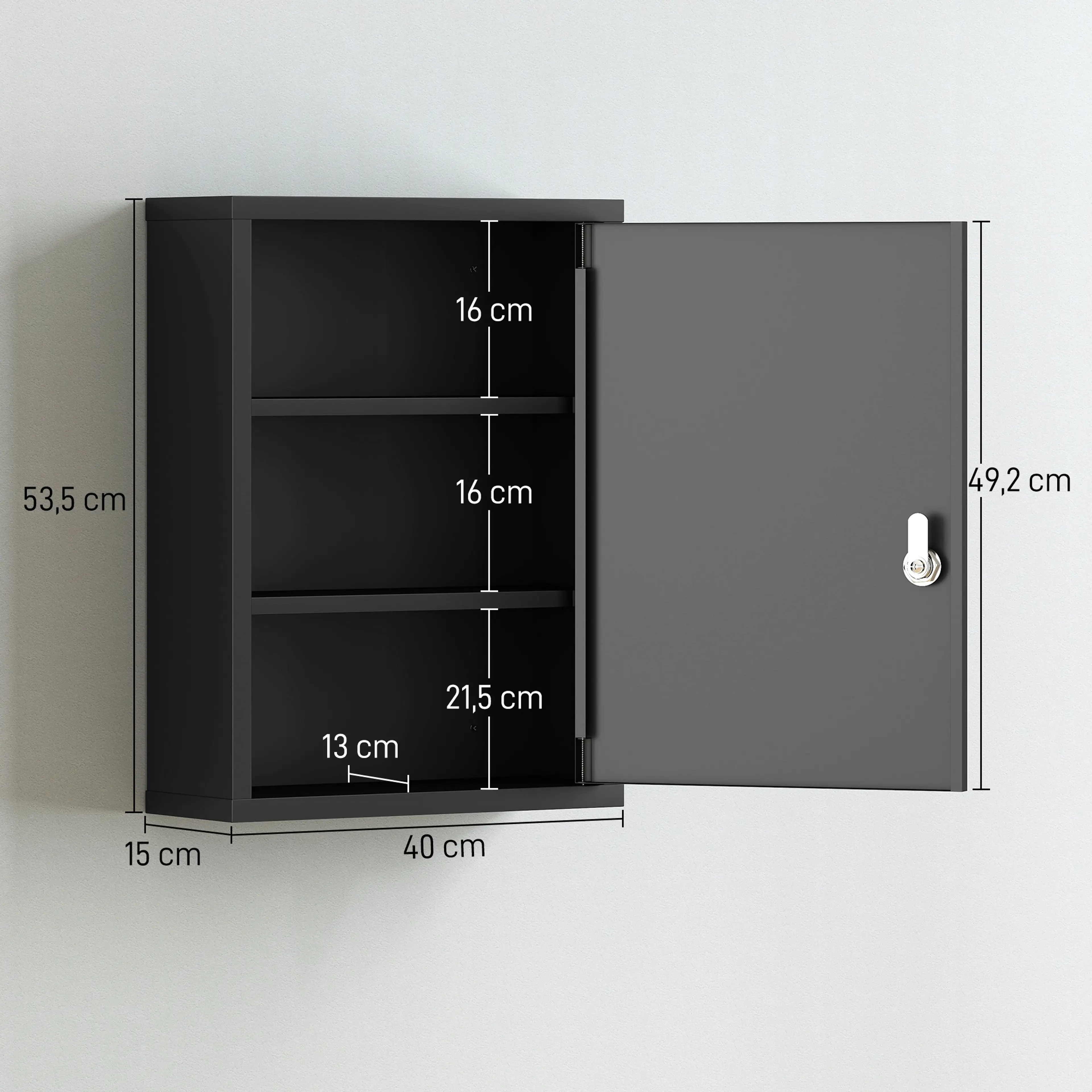 Medicinskåp 40 cm med lås – svart stål, tre plan – bild 7