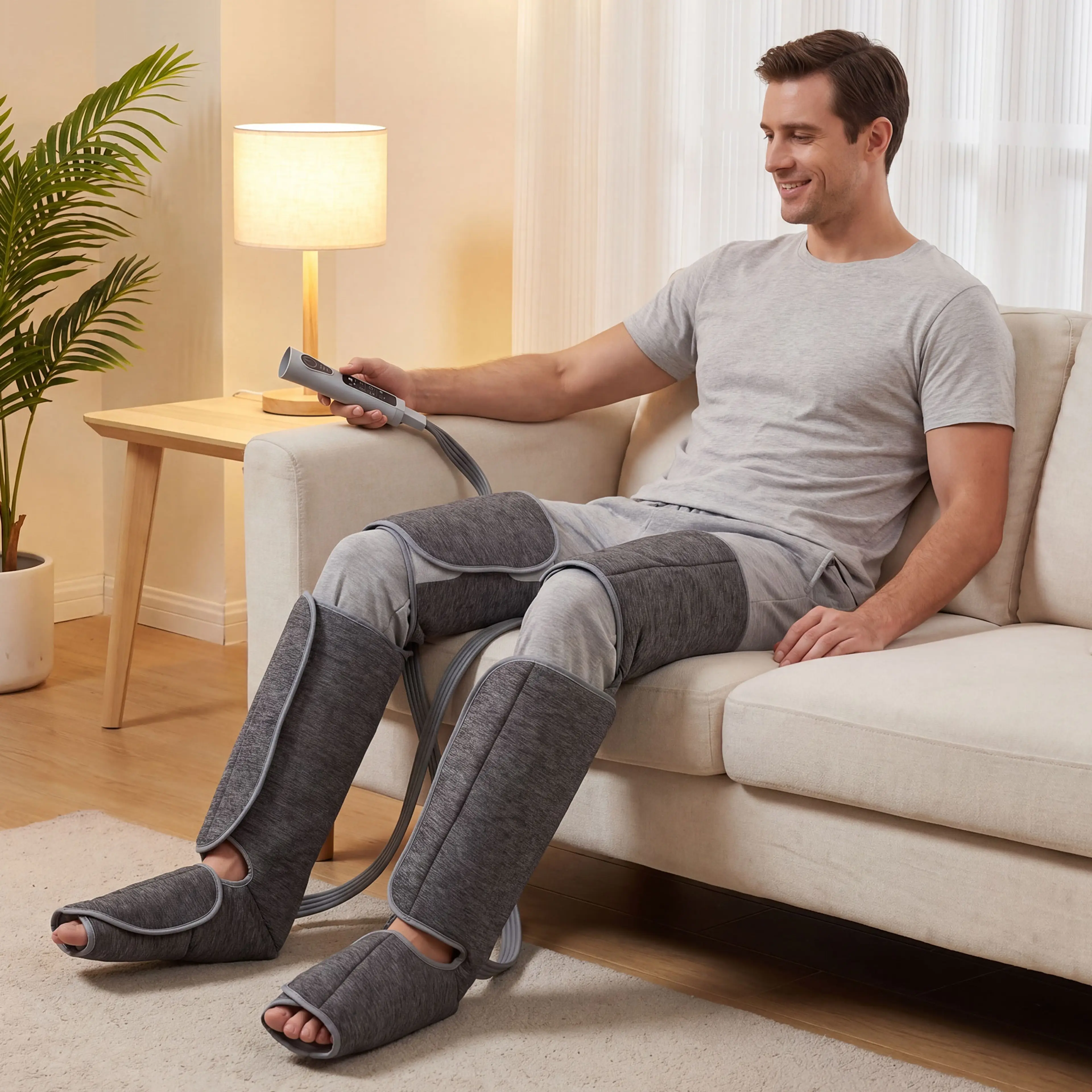 En man sitter i soffan med benmassagern på båda benen och handkontrollen i handen