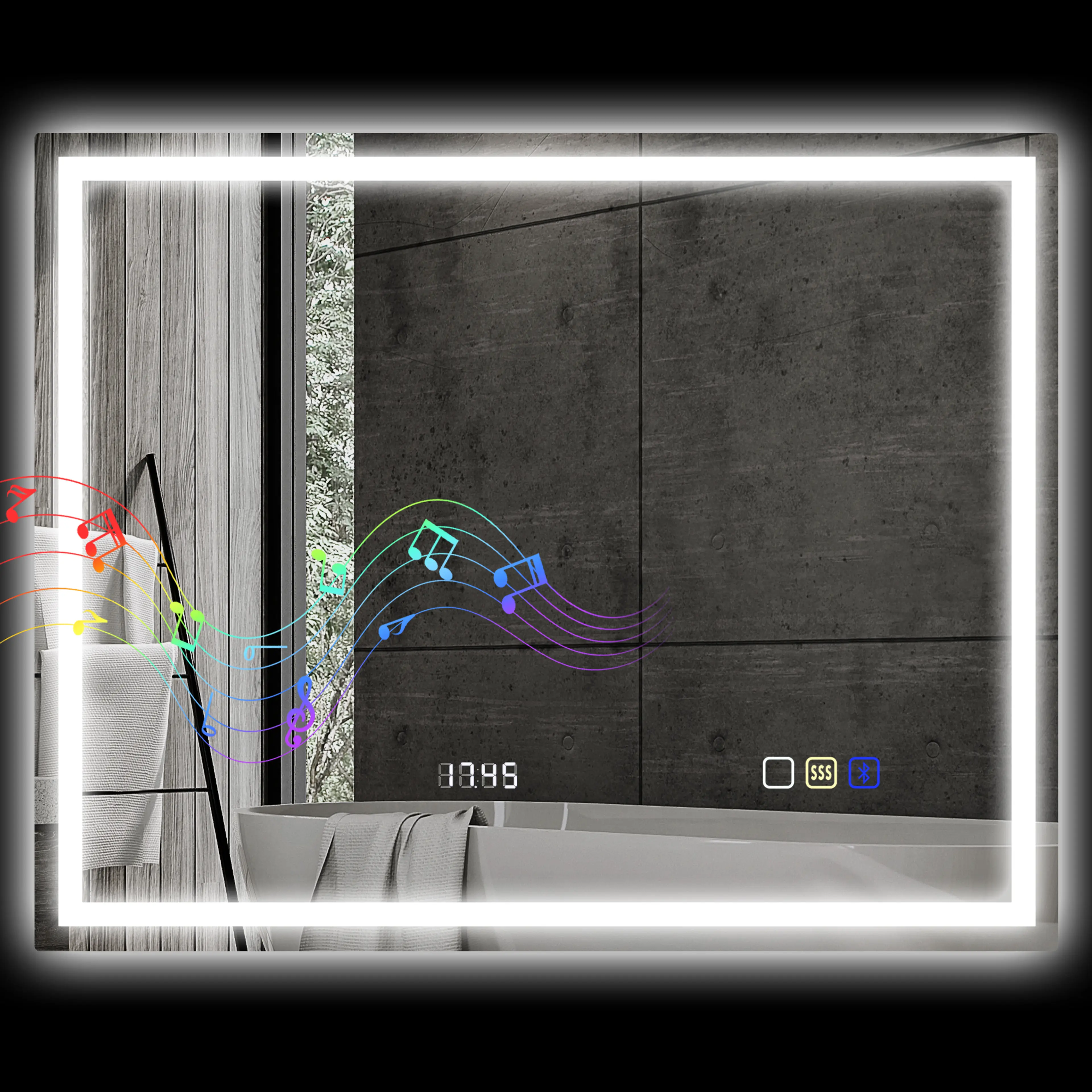 Badrumsspegel LED 100 × 80 cm med Bluetooth och klocka