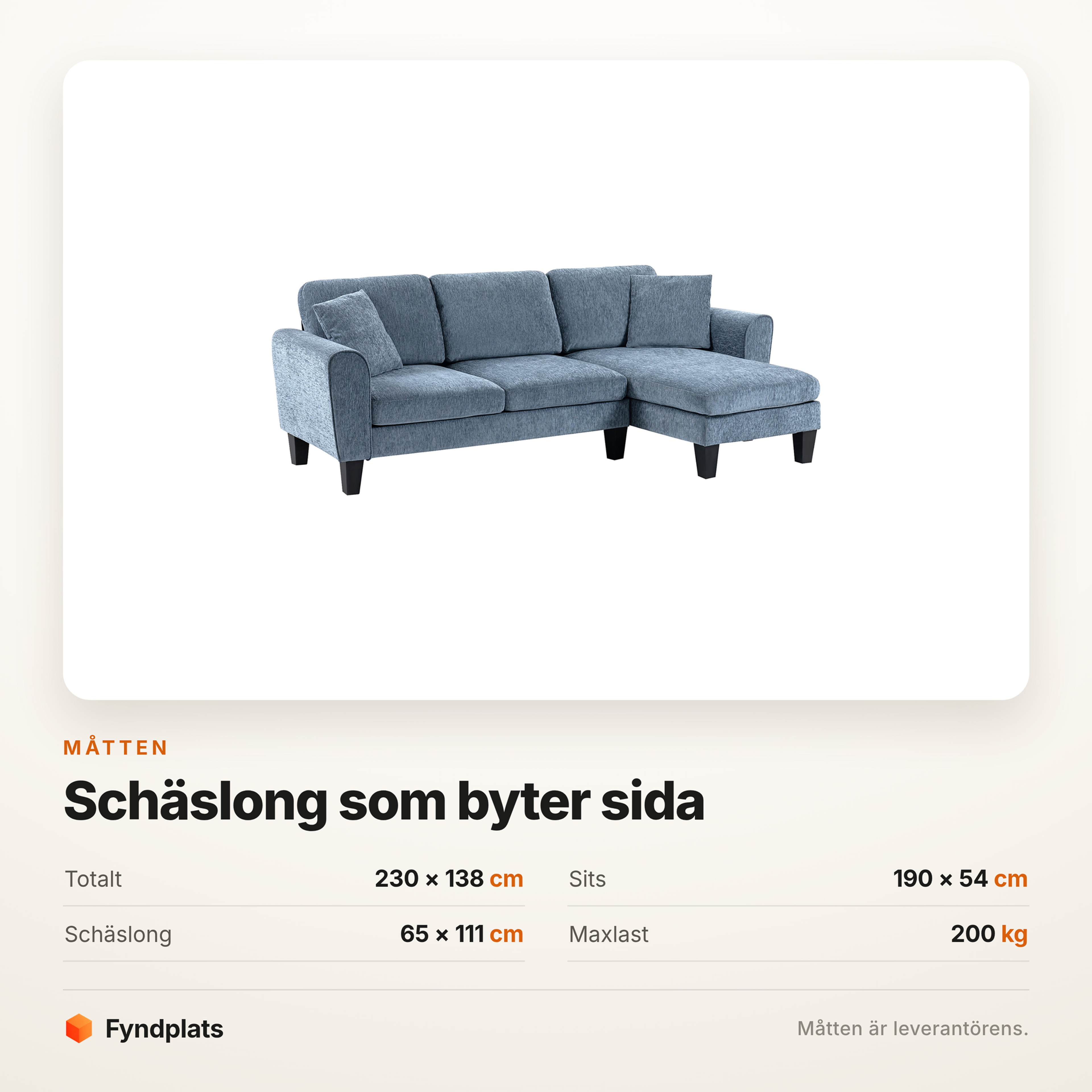 Måttkort: totalt 230 × 138 cm, sits 190 × 54 cm, schäslong 65 × 111 cm, maxlast 200 kg