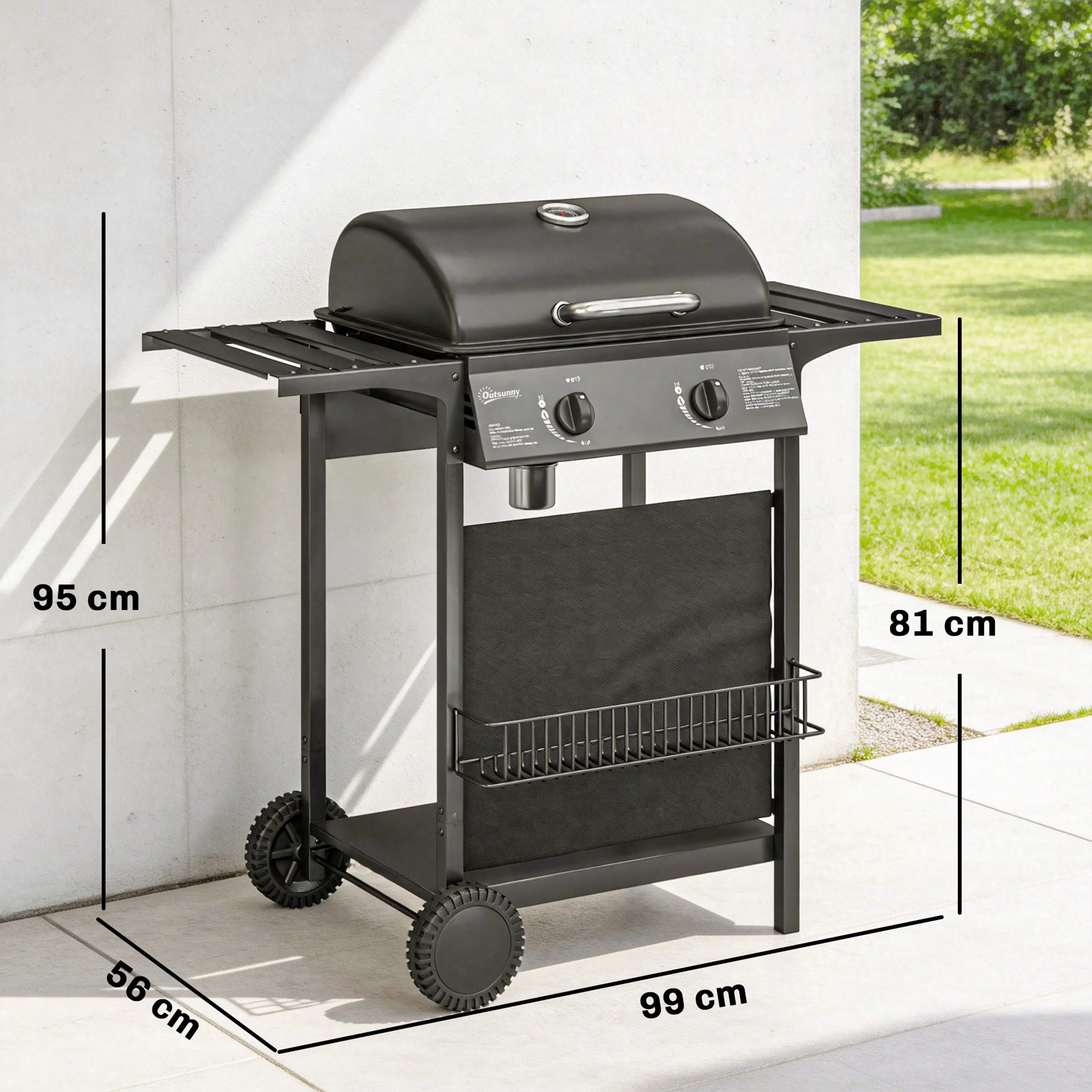 Måttritning: gasolgrill 99 × 56 × 95 cm med grillhöjd 81 cm