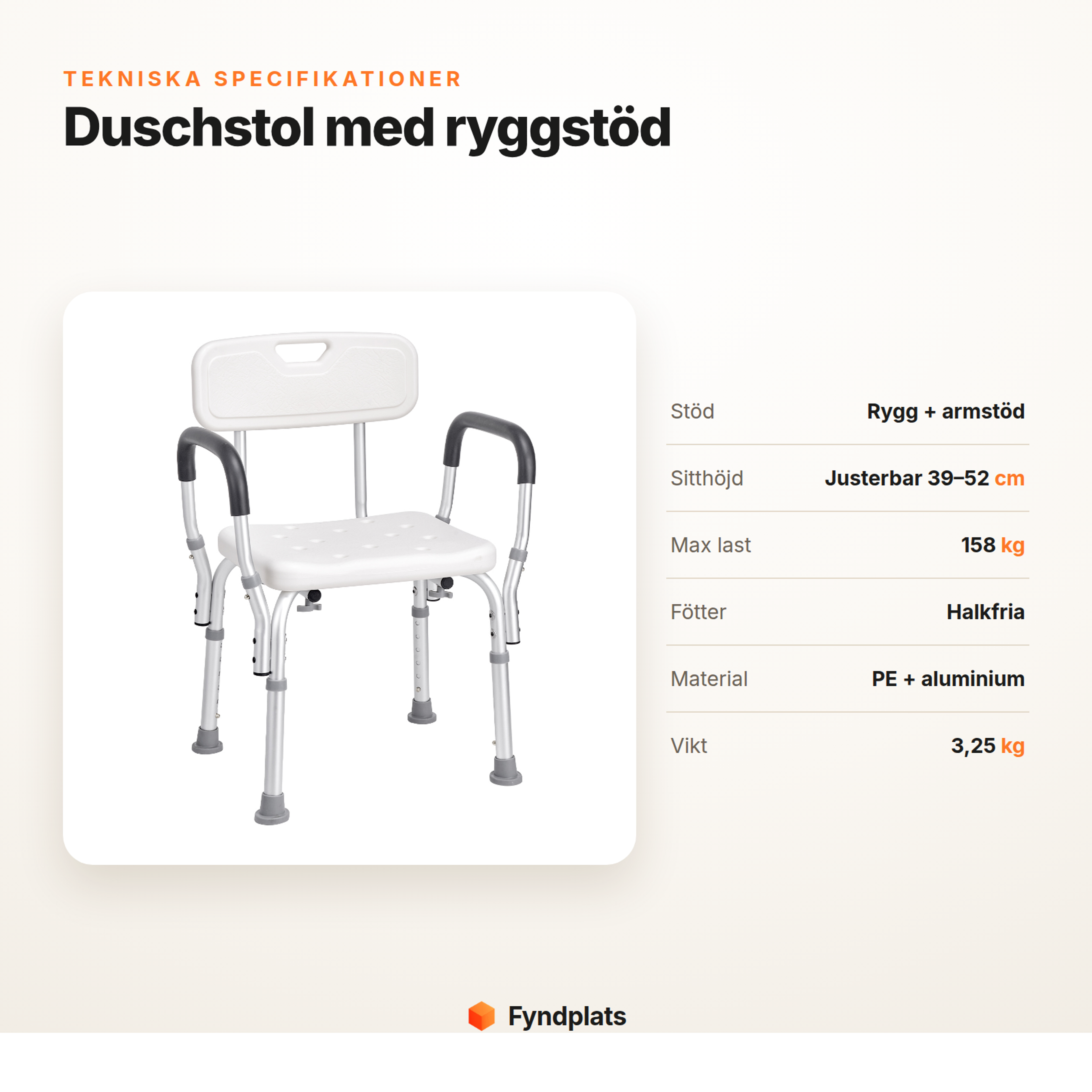 Specifikationer för duschstol: rygg- och armstöd, justerbar sitthöjd, max 158 kg och halkfria fötter