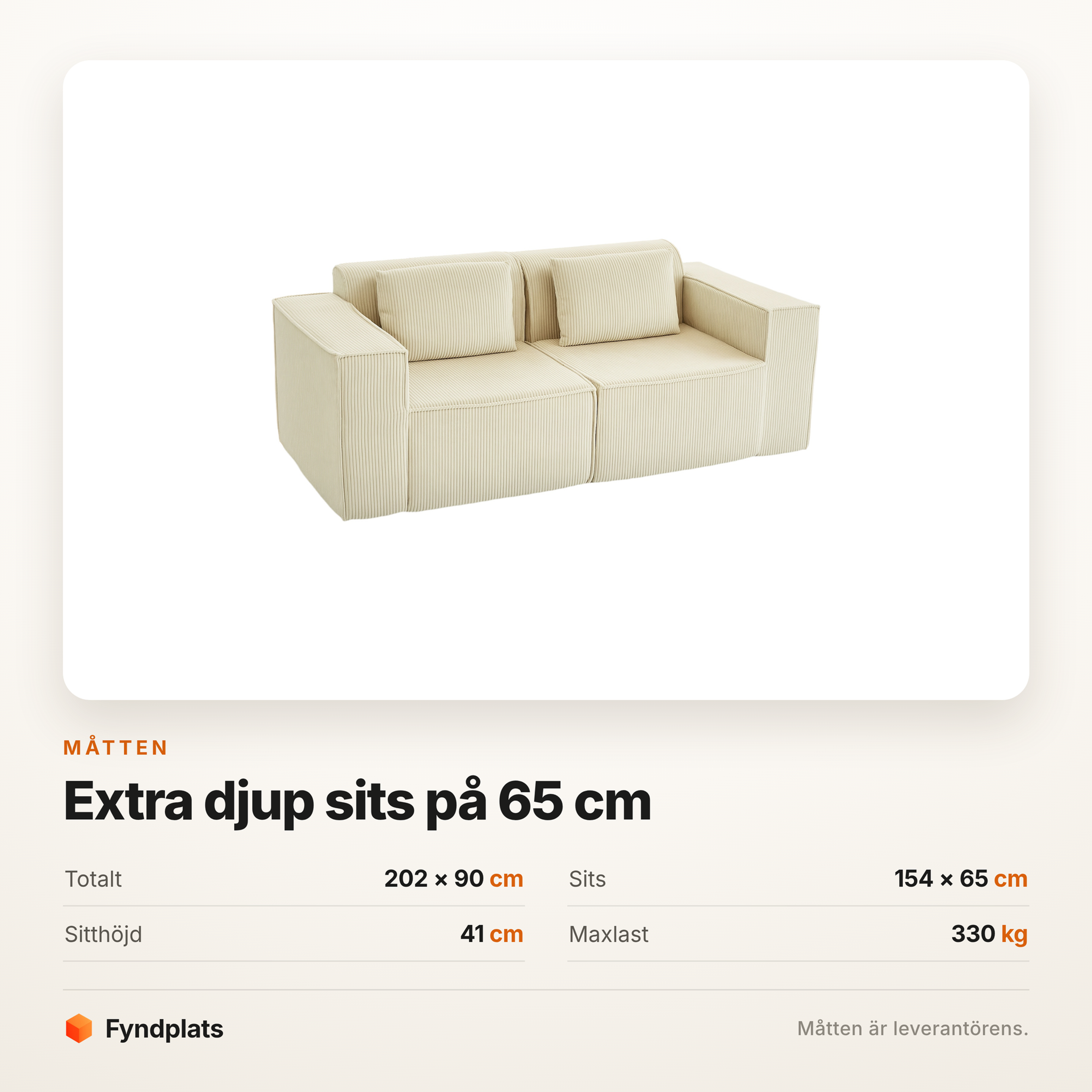 Måttkort: totalt 202 × 90 cm, sits 154 × 65 cm, sitthöjd 41 cm, maxlast 330 kg