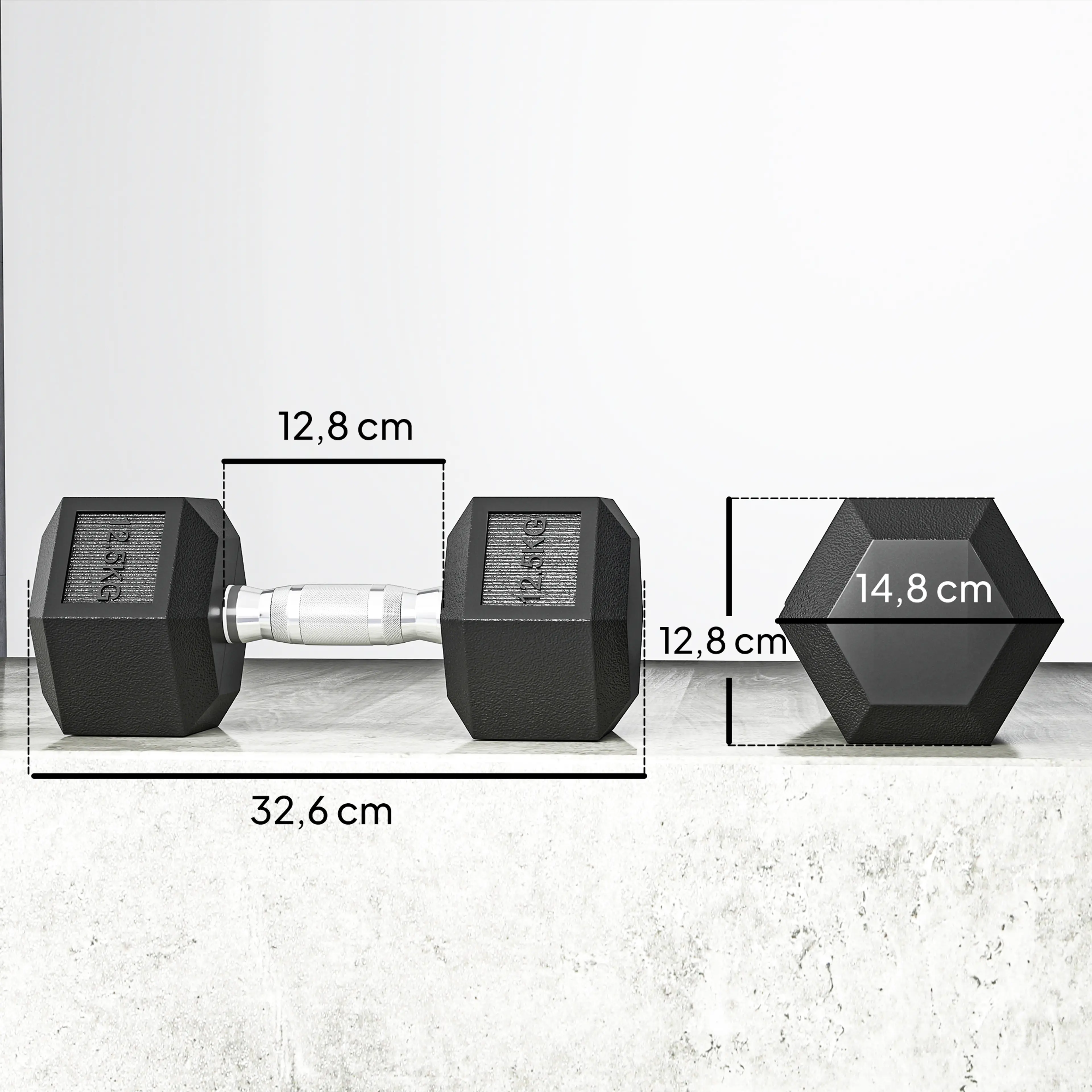 Måttbild på hexhanteln, 32,6 cm lång med 12,8 cm grepp och 14,8 cm brett huvud