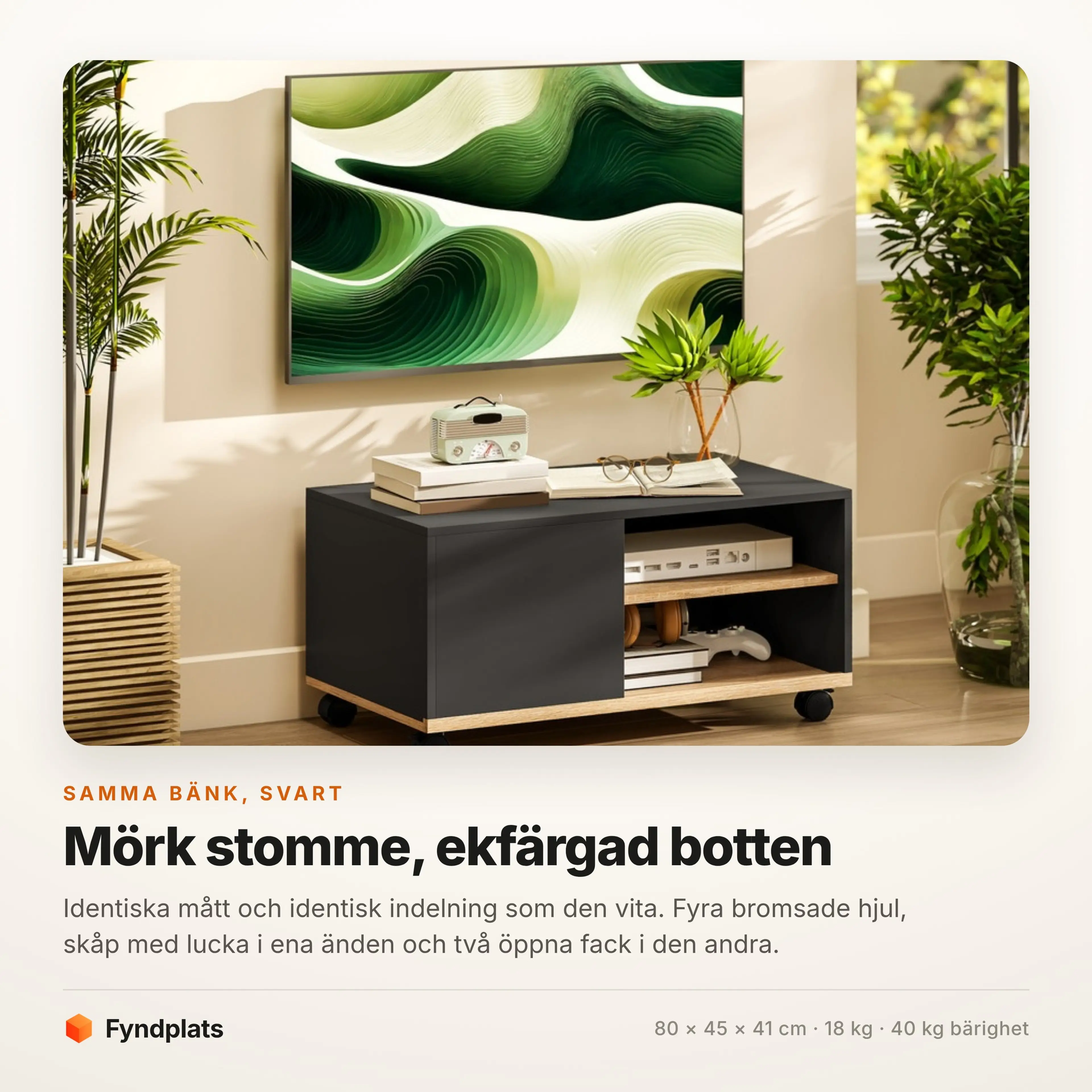 TV-bänk på hjul 80 cm, svart – bild 3