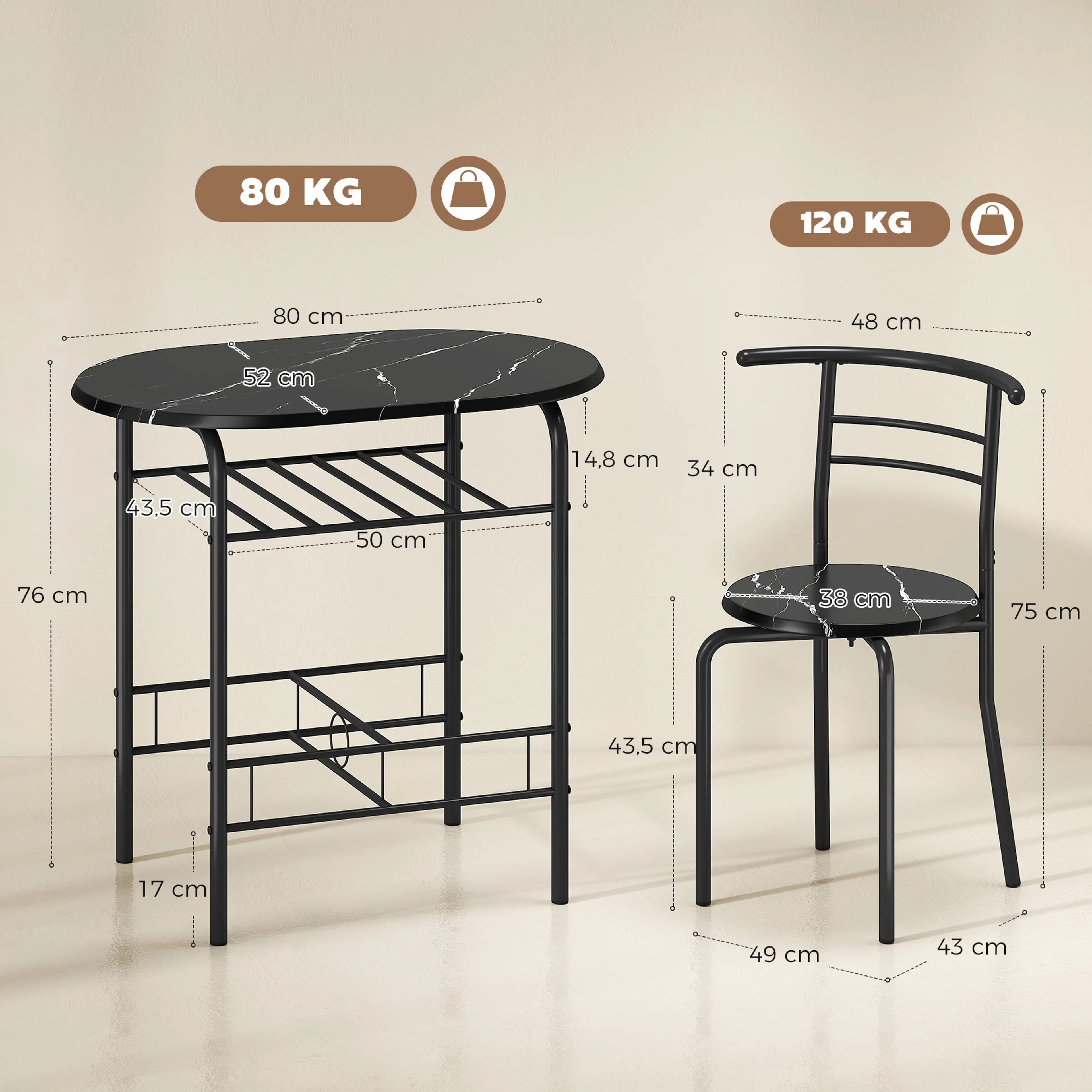 Måttskiss: bordet 80 × 52 × 76 cm, stolen 49 × 43 × 75 cm, maxlast 80 respektive 120 kg