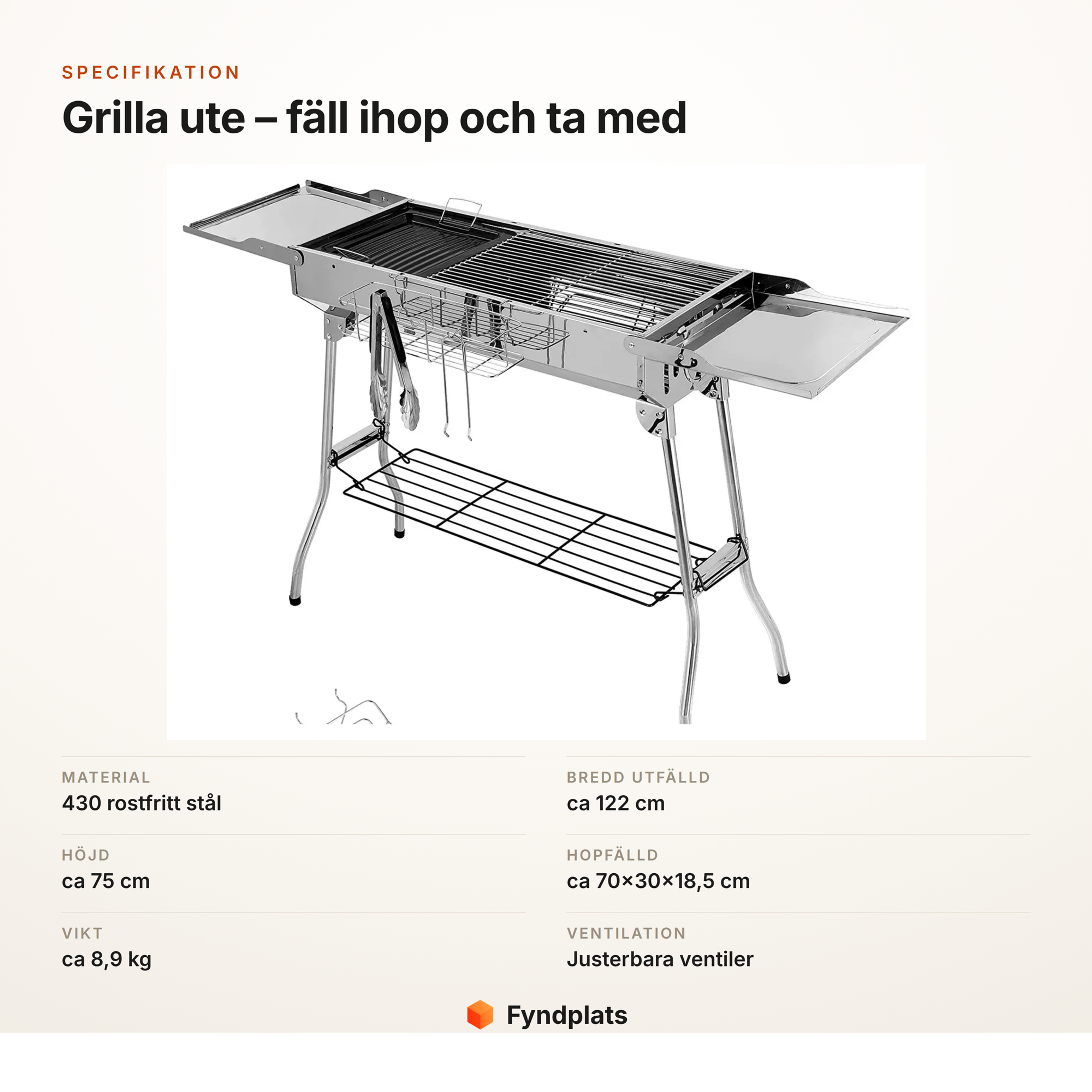 Specifikationskort för hopfällbar kolgrill i rostfritt stål