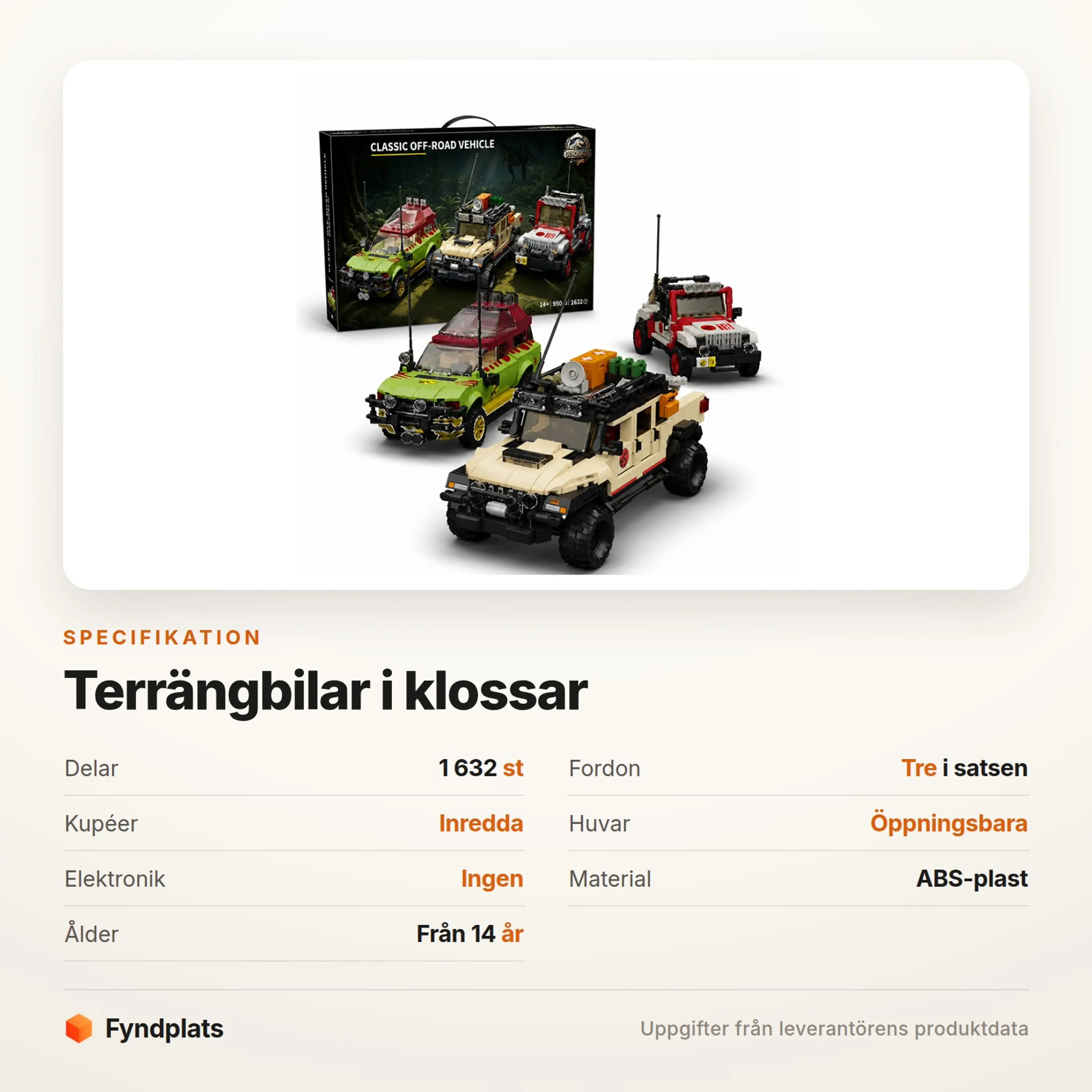 Fyndplats-kort med specifikationer: 1 632 delar, tre fordon, inredda kupéer och från 14 år