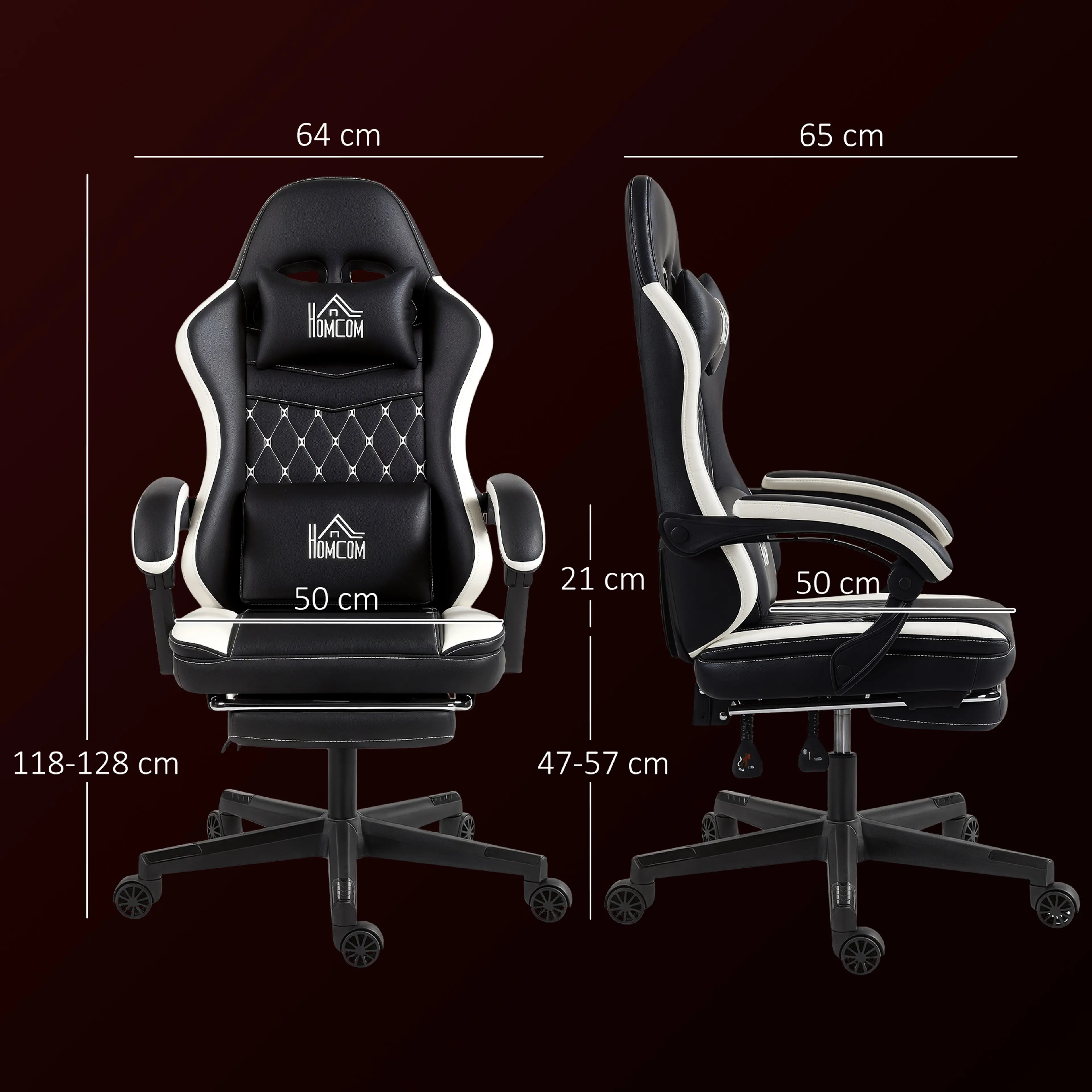 Måttritning för stolen: 64 × 65 cm, 118–128 cm hög, sits 50 cm och sitthöjd 47–57 cm