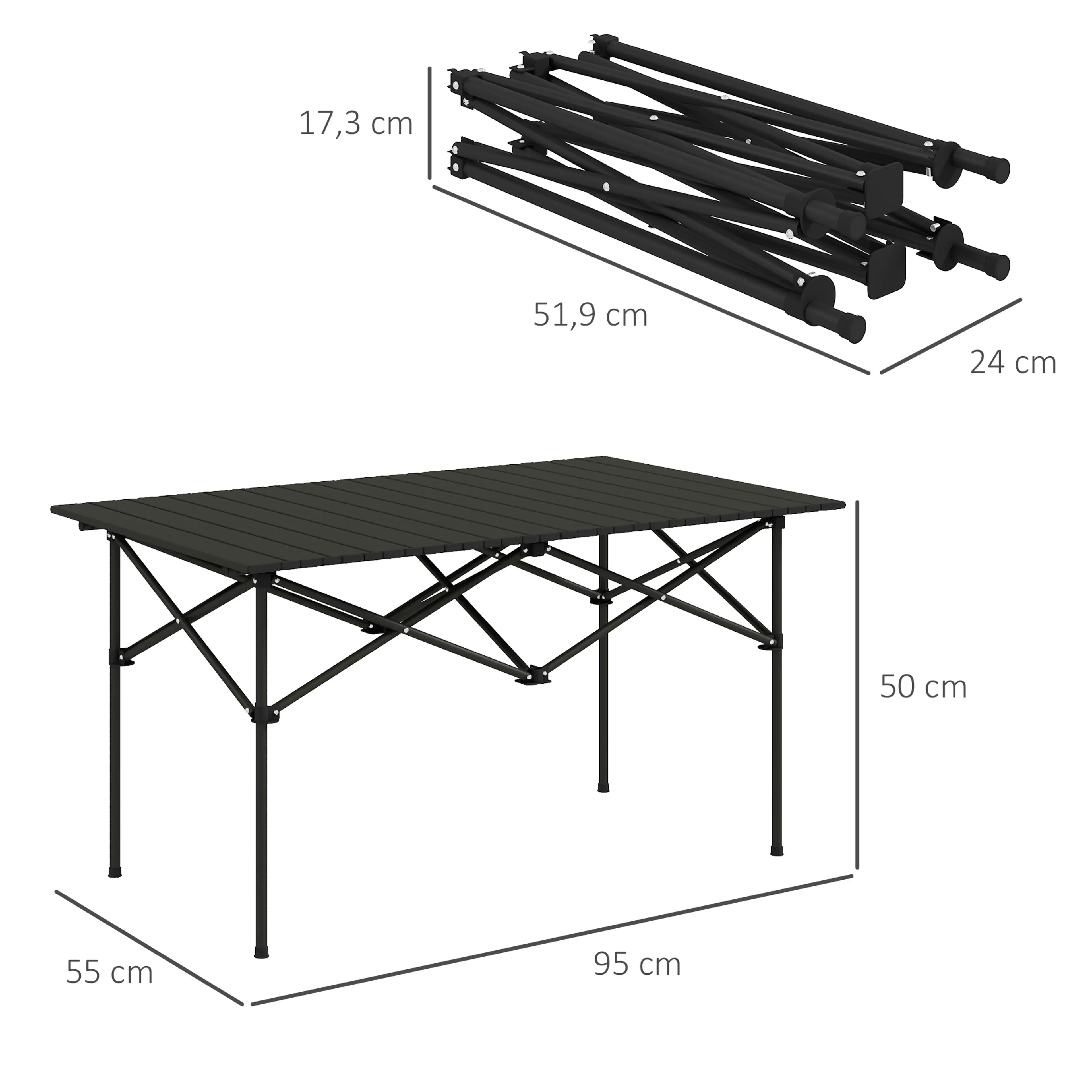 Måttbild: 95 × 55 × 50 cm uppfällt och 51,9 × 24 × 17,3 cm hopfällt