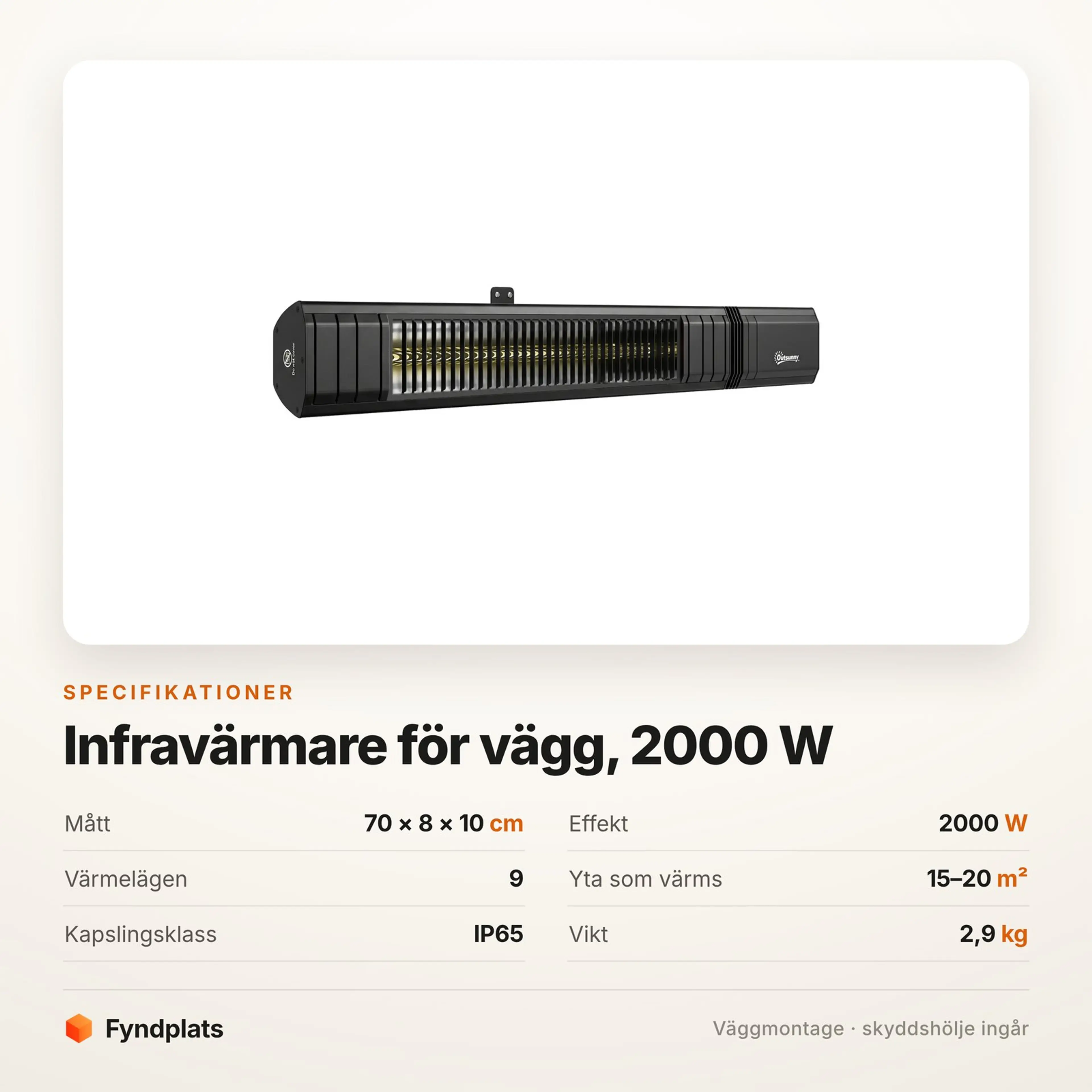Specifikationskort för vägginfravärmaren: 70 × 8 × 10 cm, 2000 W, nio värmelägen och IP65