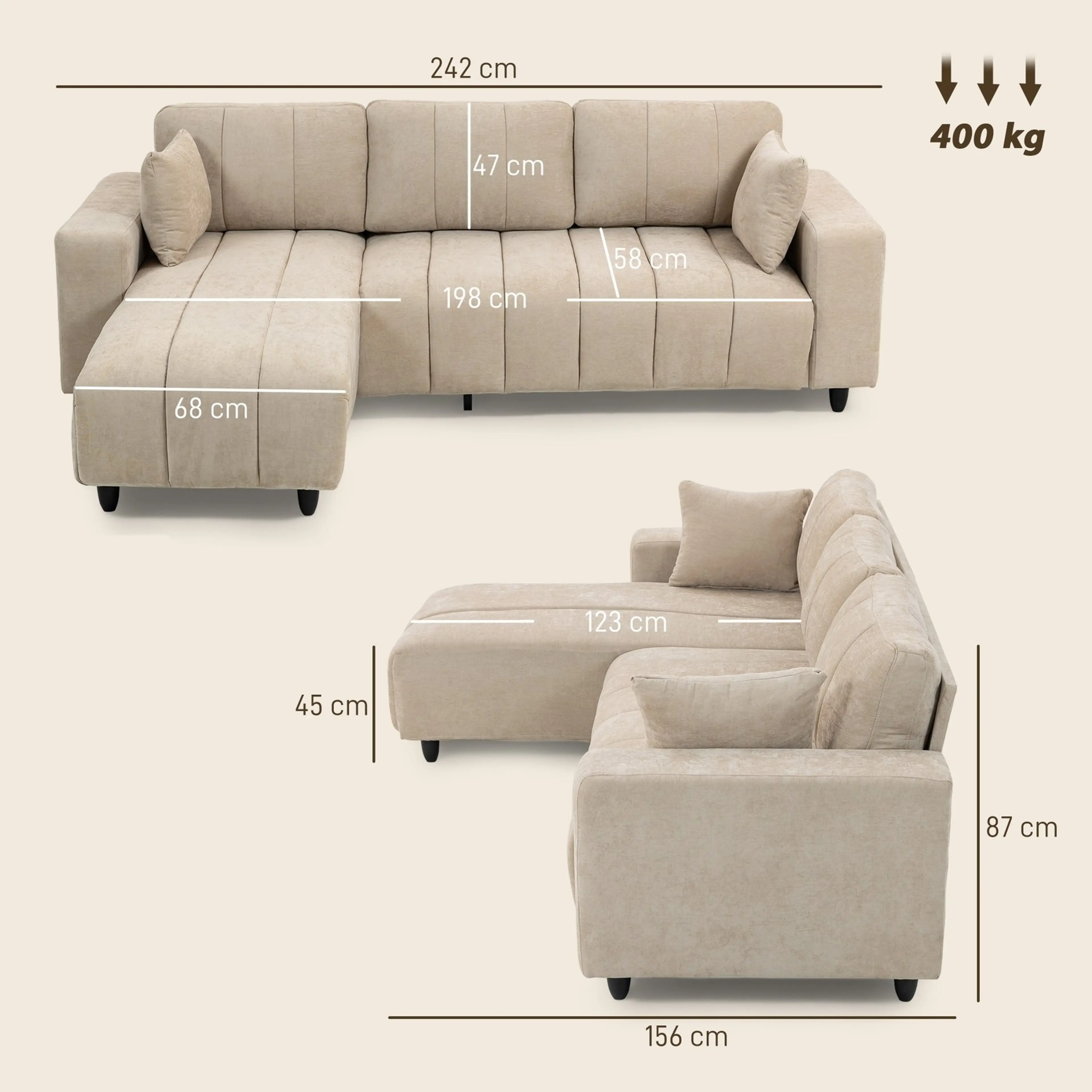 Måttritning: 242 × 156 × 87 cm, sittbredd 198 och schäslong 123 cm