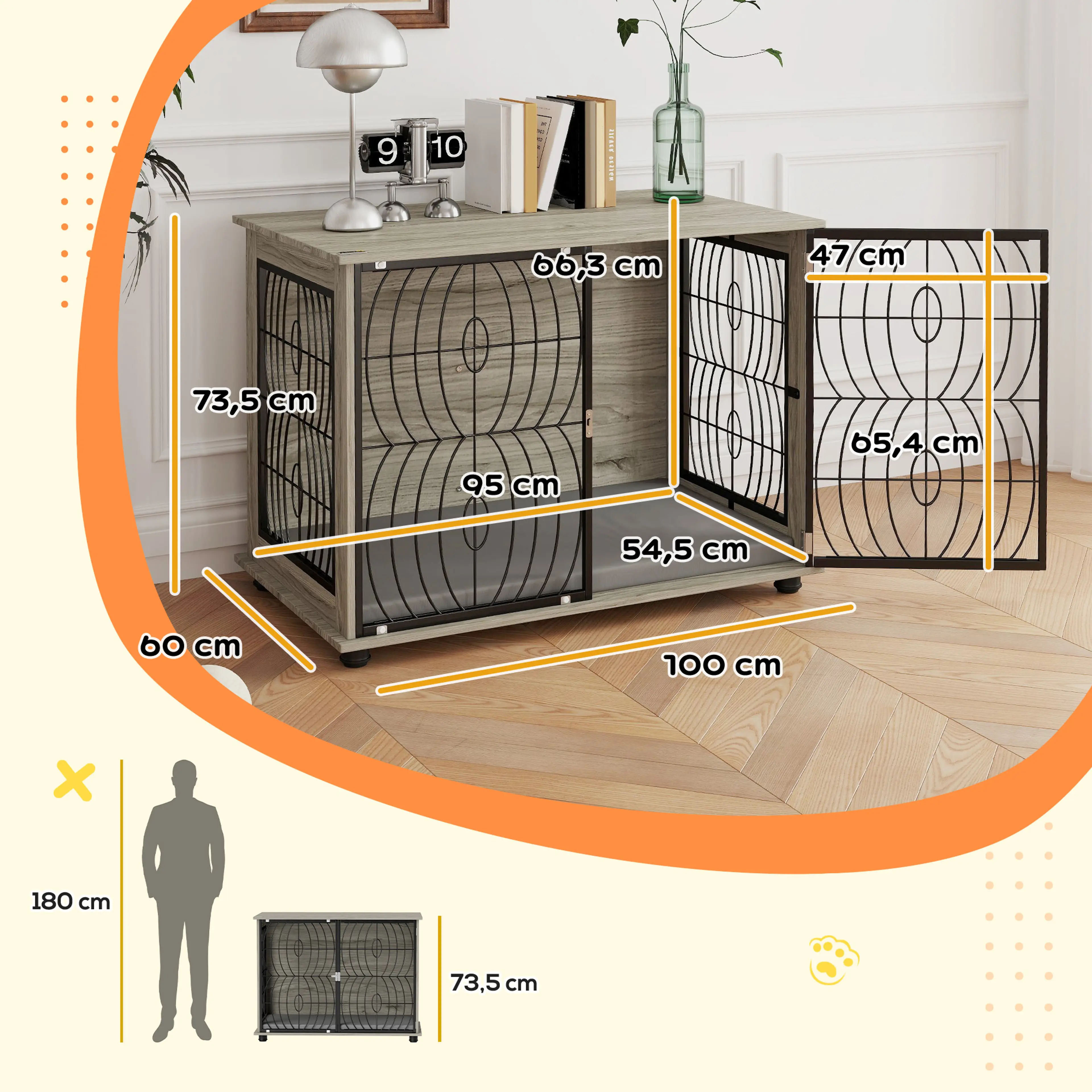 Måttritning för hundbur med dyna: 100 × 60 × 73,5 cm utvändigt
