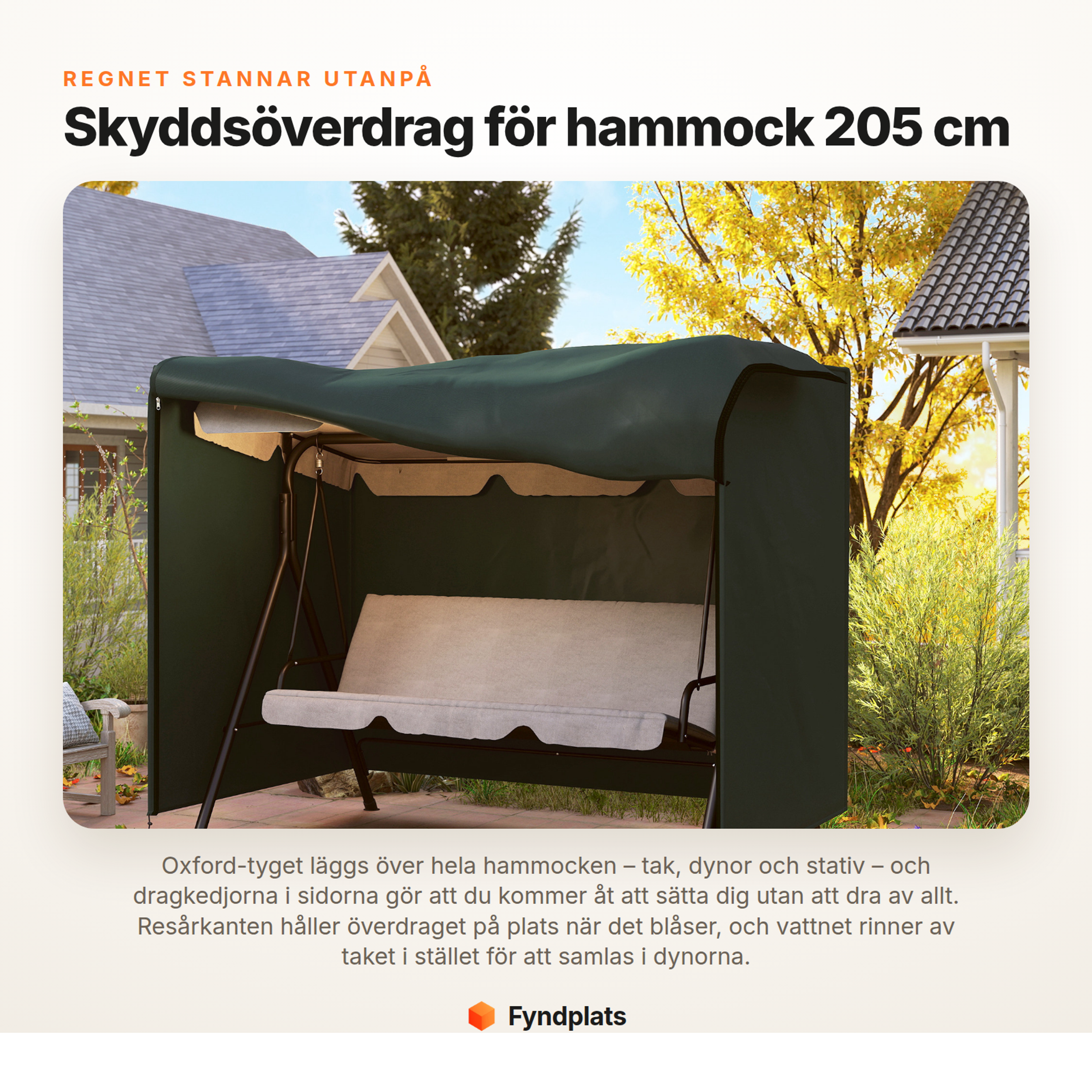 Fyndplats faktakort: skyddsöverdrag för hammock 205 cm i Oxford-tyg med dragkedjor och resårkant