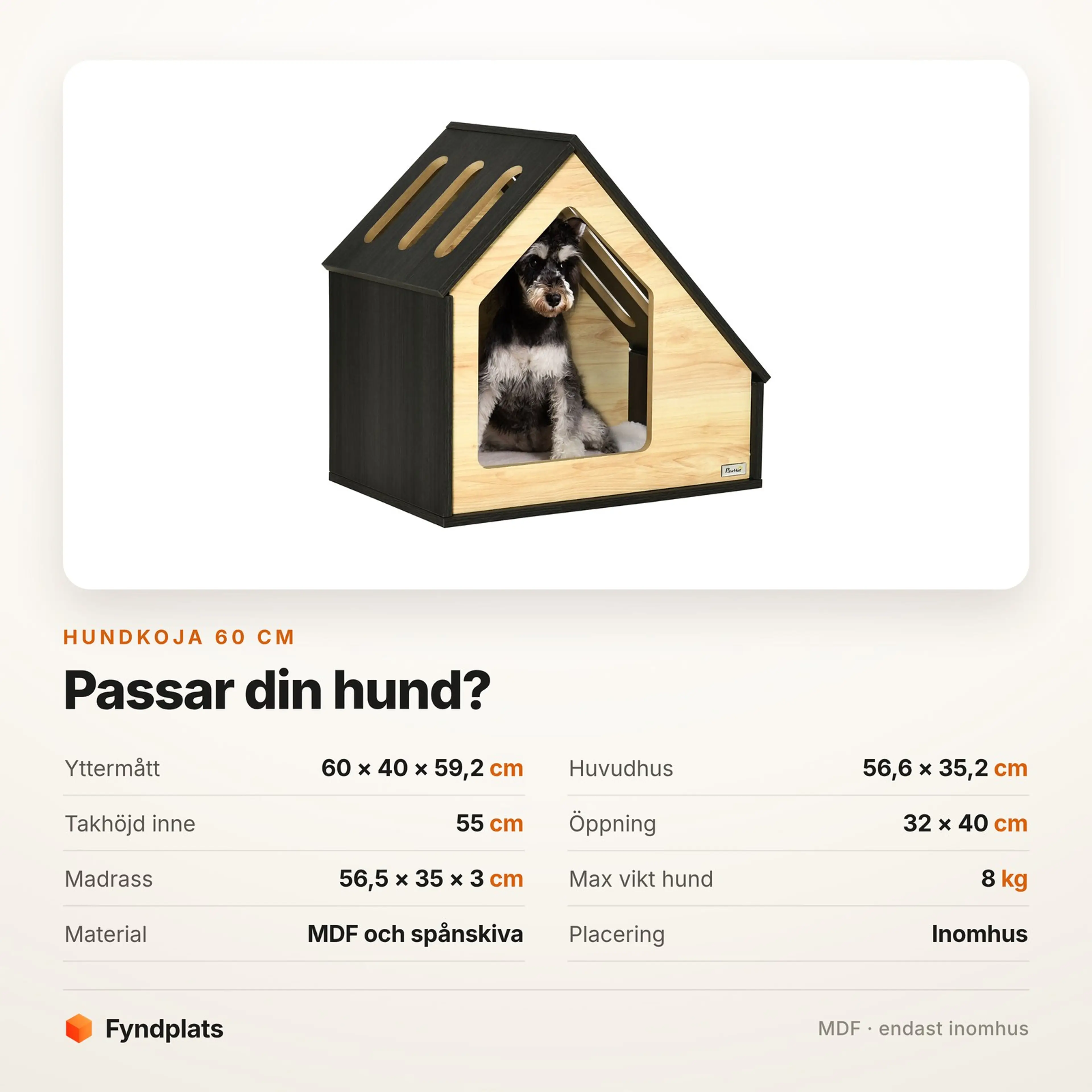 Faktakort: mått och passform för hundkojan på 60 cm