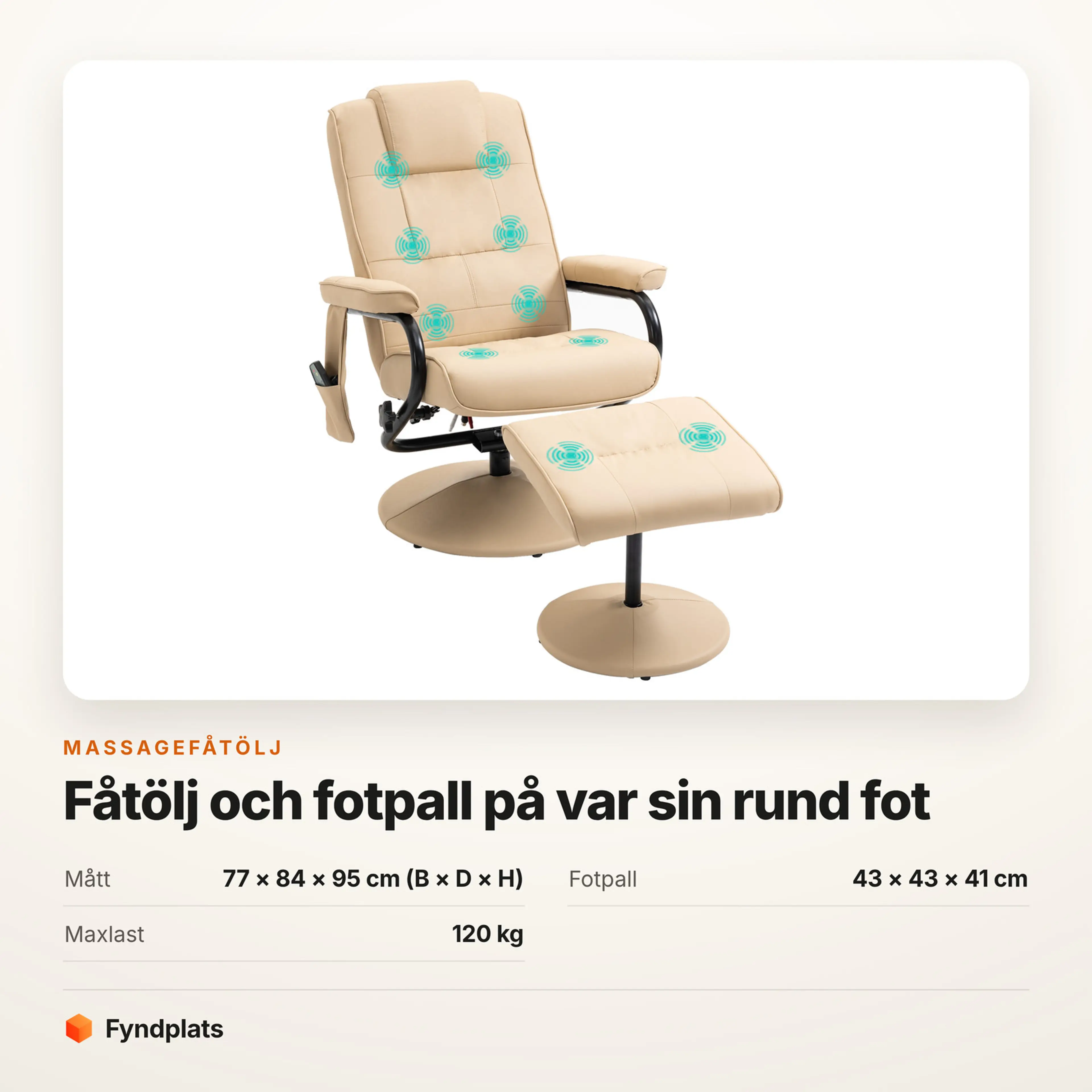 Faktakort: massagefåtölj cremevit, 77 × 84 × 95 cm och maxlast 120 kg