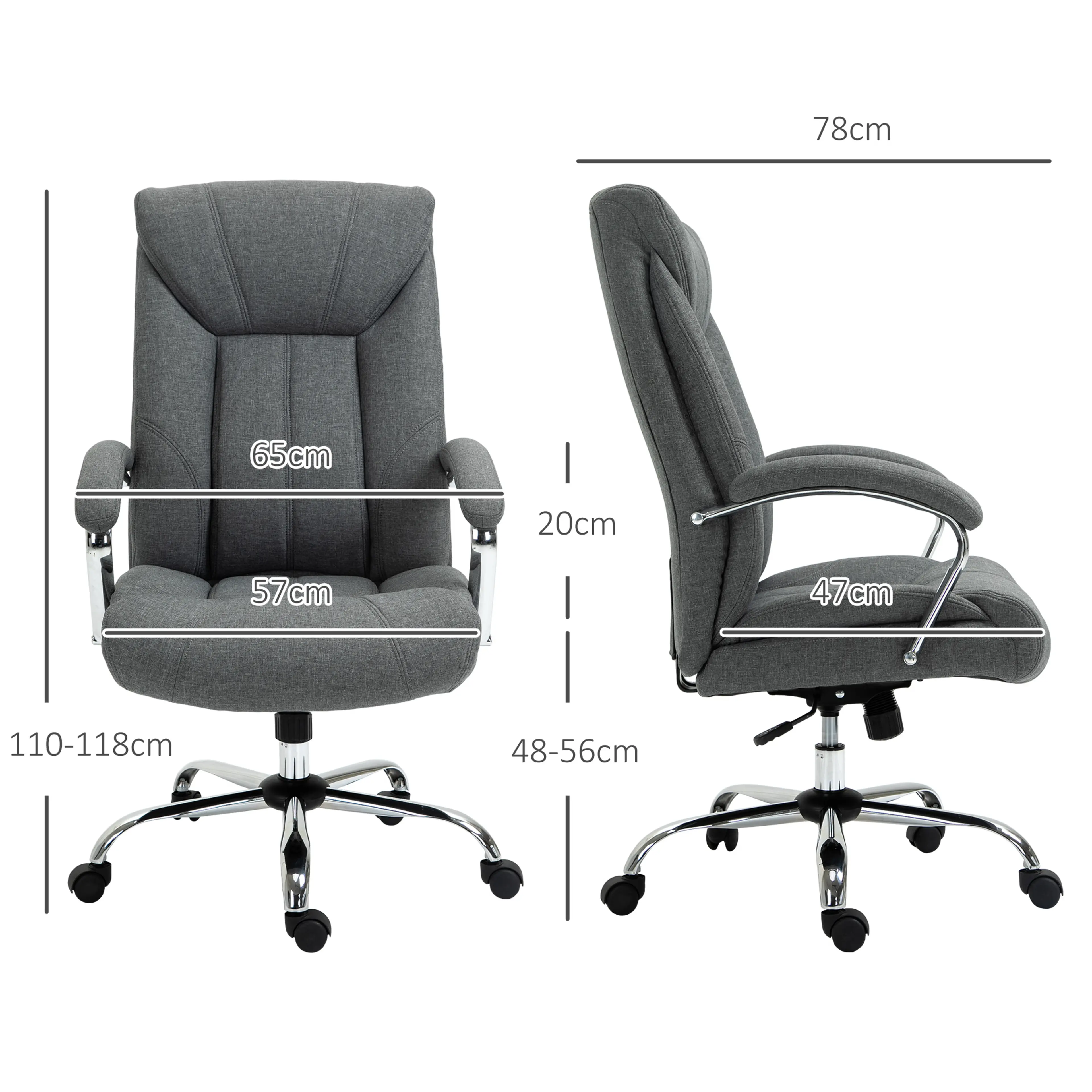 Måttritning med djup 78 cm, höjd 110–118 cm, sitthöjd 48–56 cm och armstöd 20 cm
