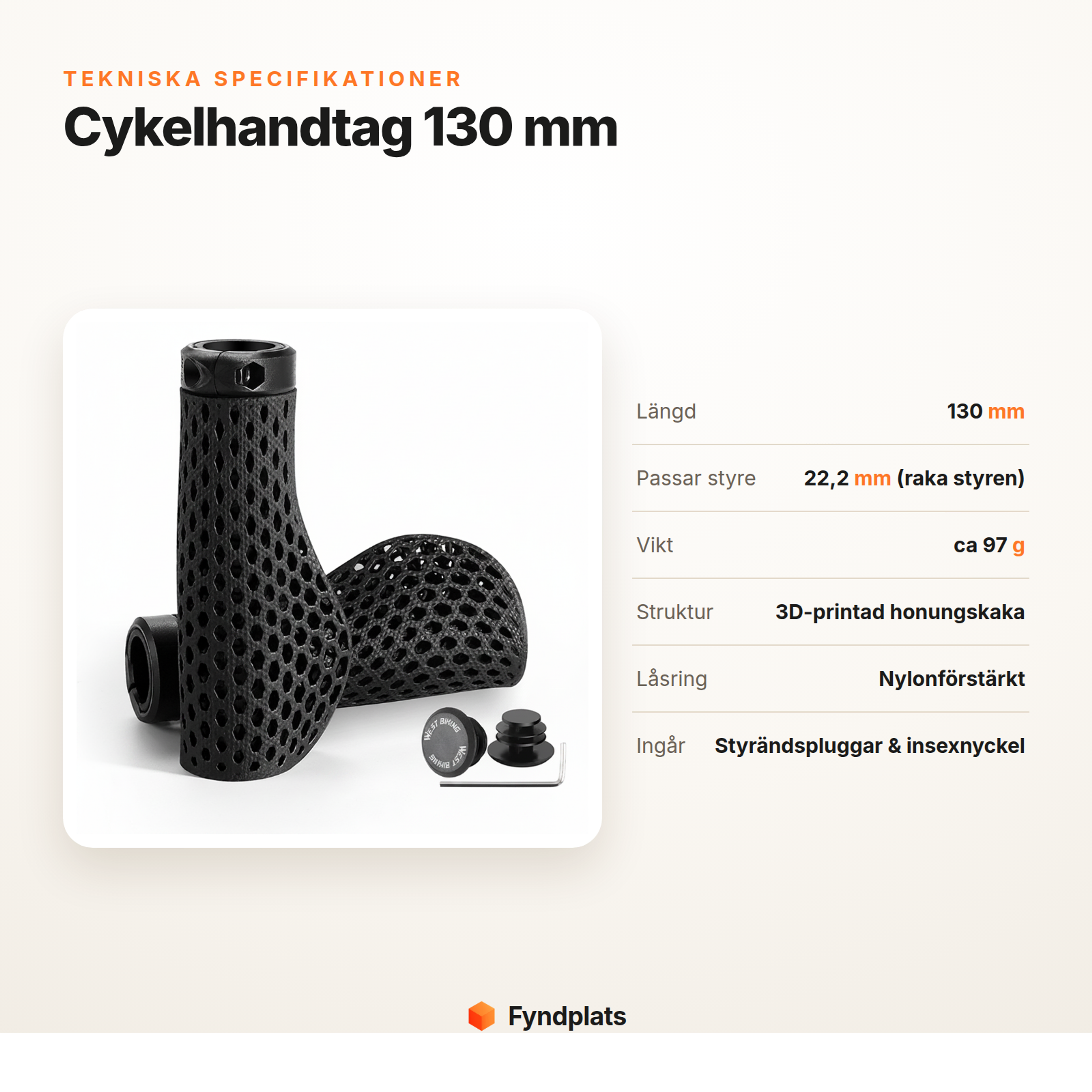 Fyndplats-kort: tekniska specifikationer för ergonomiska cykelhandtag 130 mm