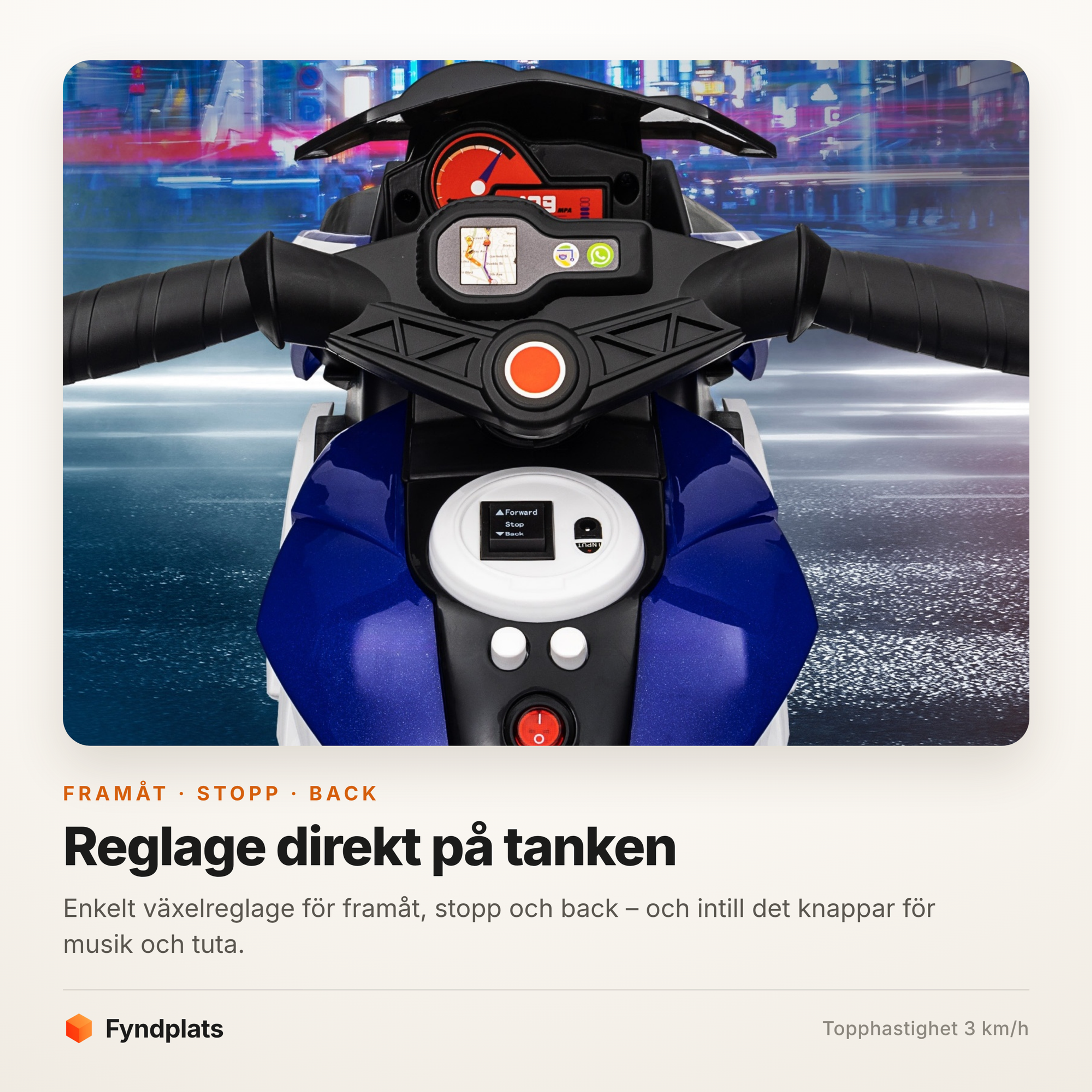 Fyndplats kort med styret och tanken på elmotorcykeln: växelreglage för framåt, stopp och back samt knappar för musik och tuta.