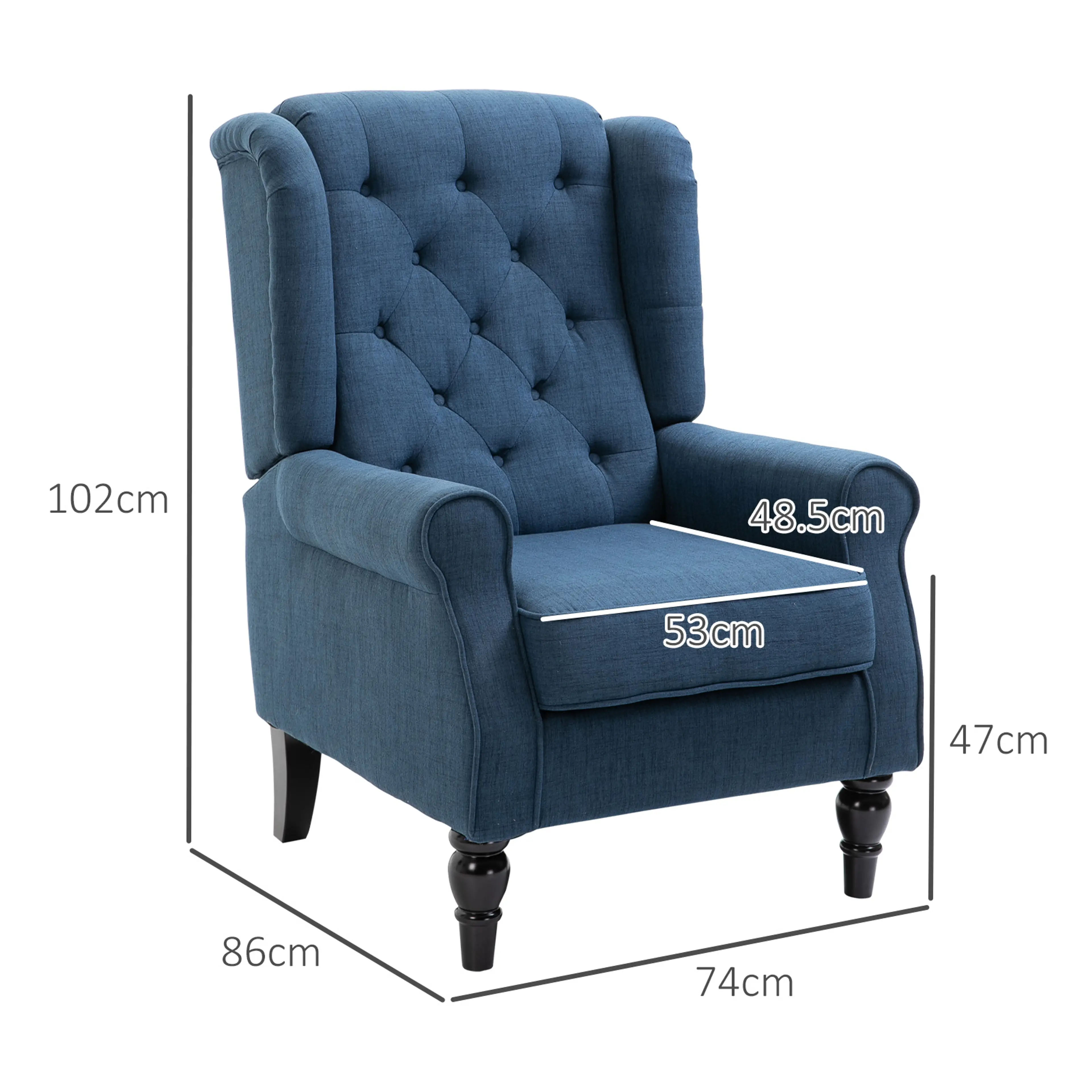 Måttritning: 74 cm bred, 86 cm djup, 102 cm hög, sittyta 48,5 × 53 cm och sitthöjd 47 cm