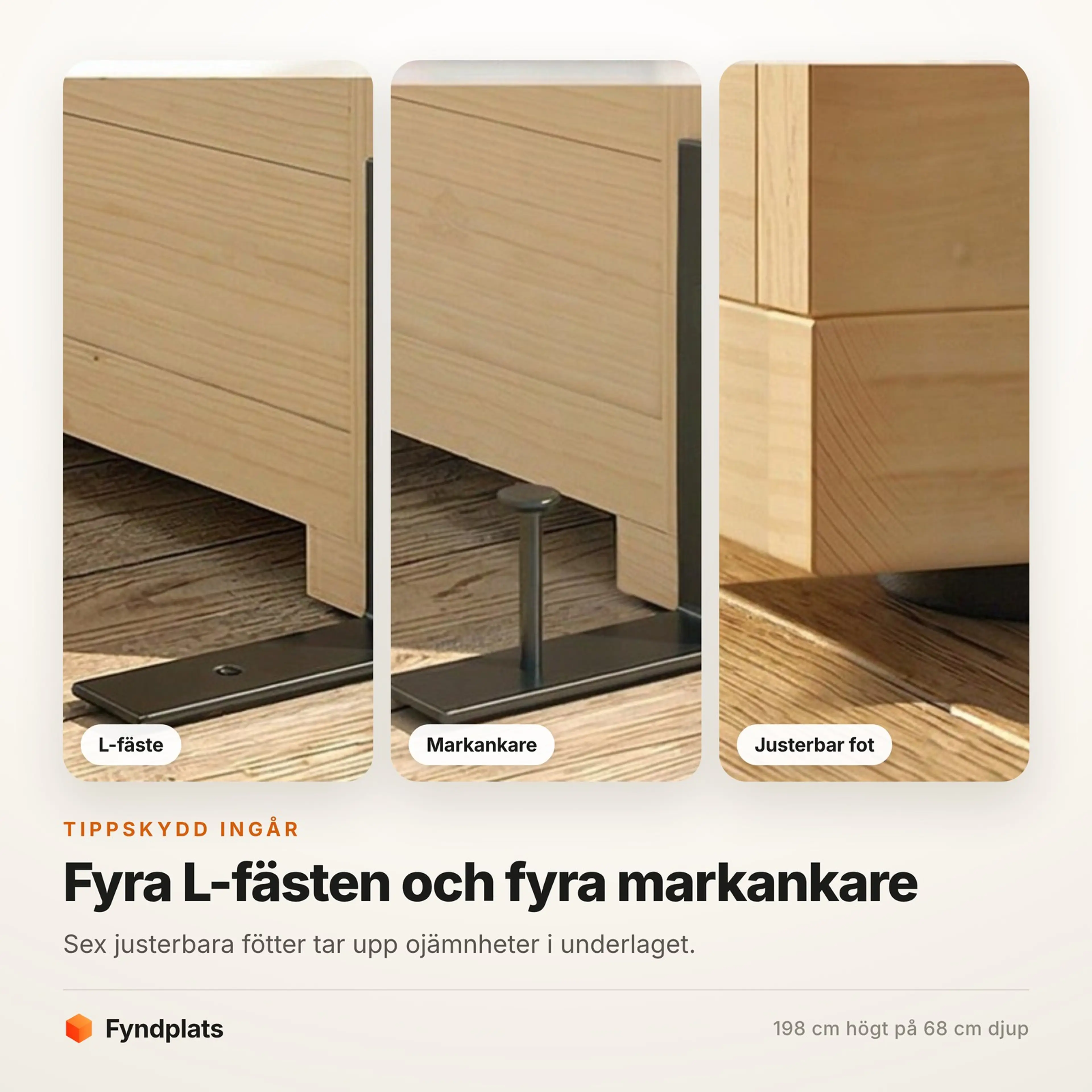 Tippskyddets L-fäste, markankare och justerbara fot i närbild