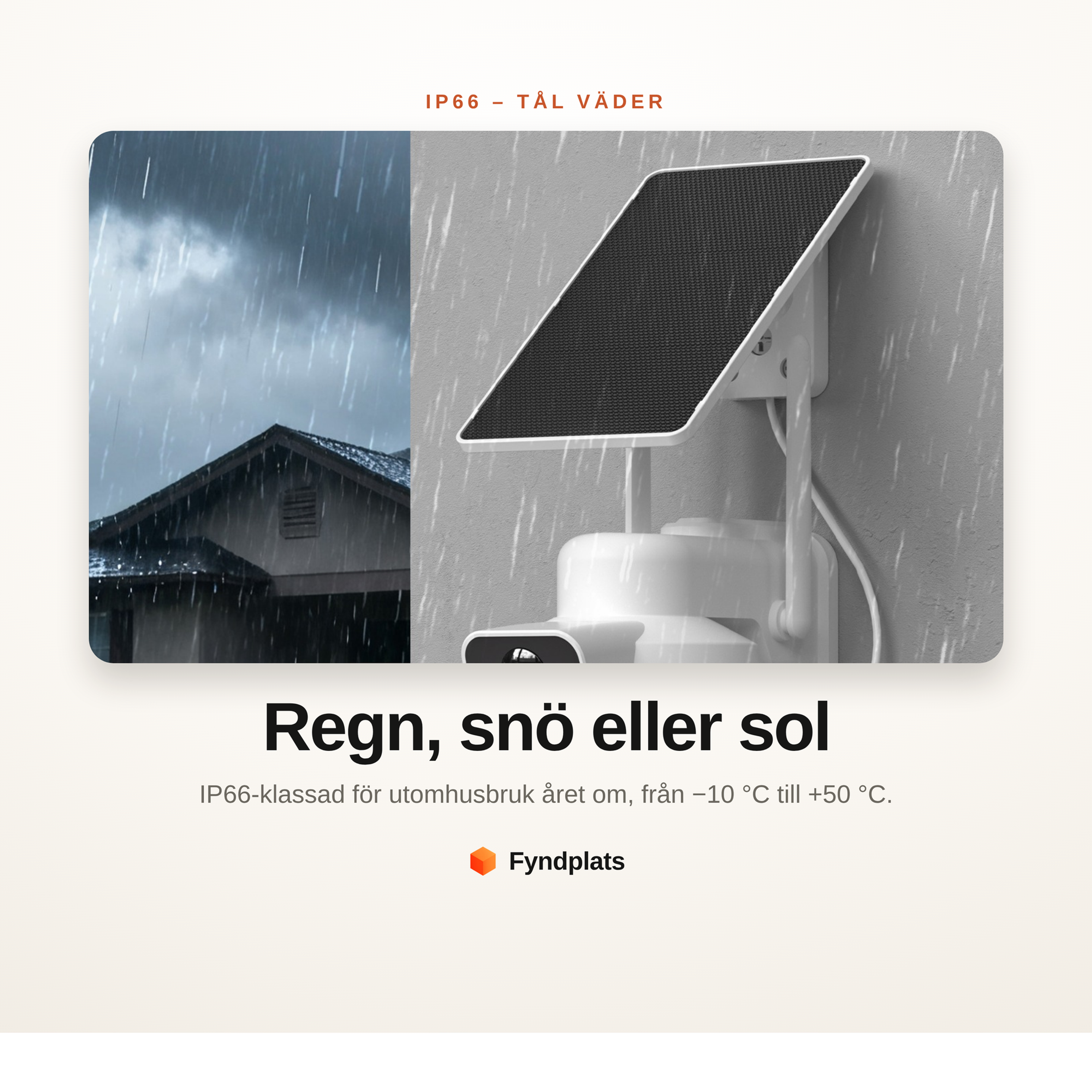 IP66-klassad solcellskamera monterad utomhus i regn – tål väder från −10 till +50 grader