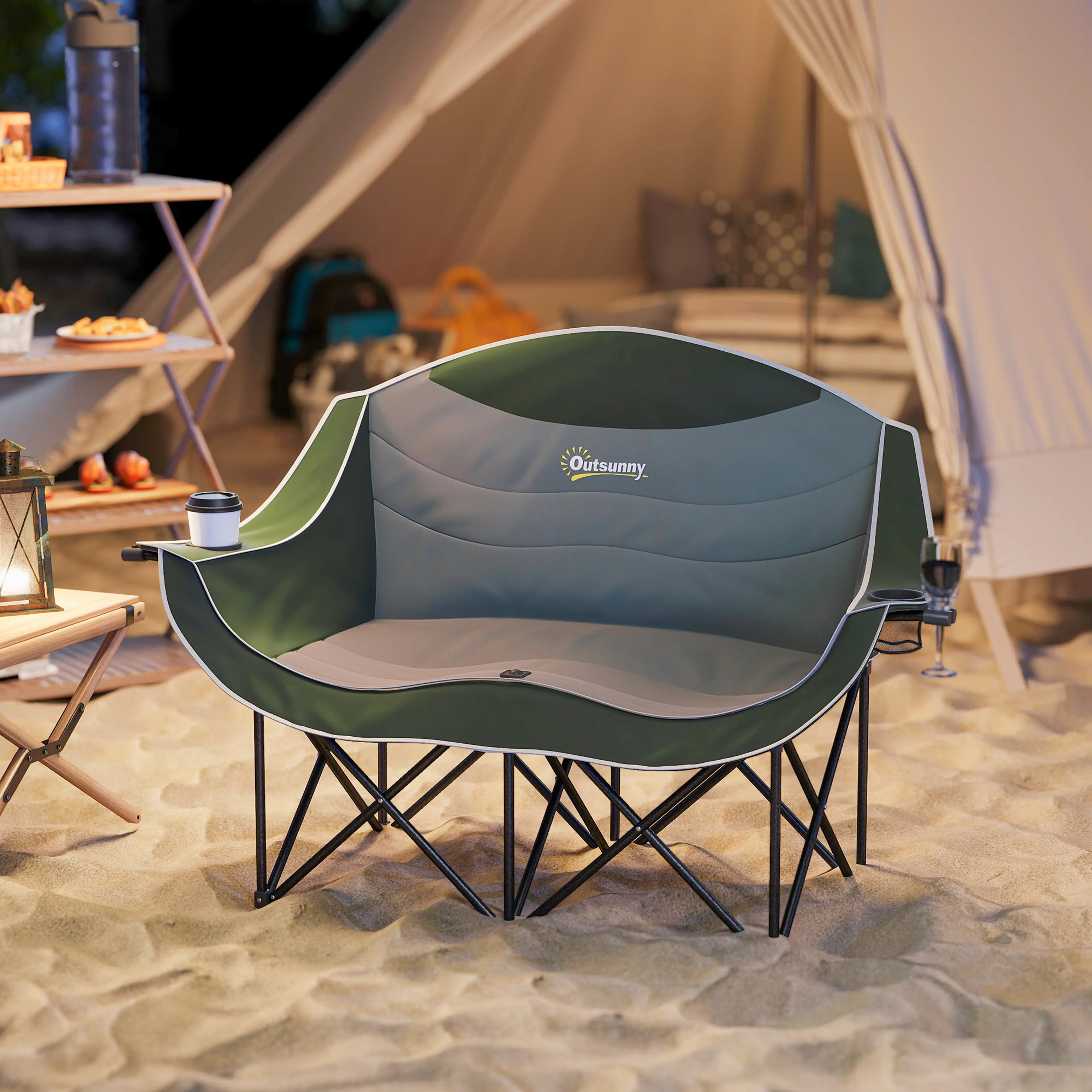 Grön dubbel campingstol med två sitsar och svart stålram (2)