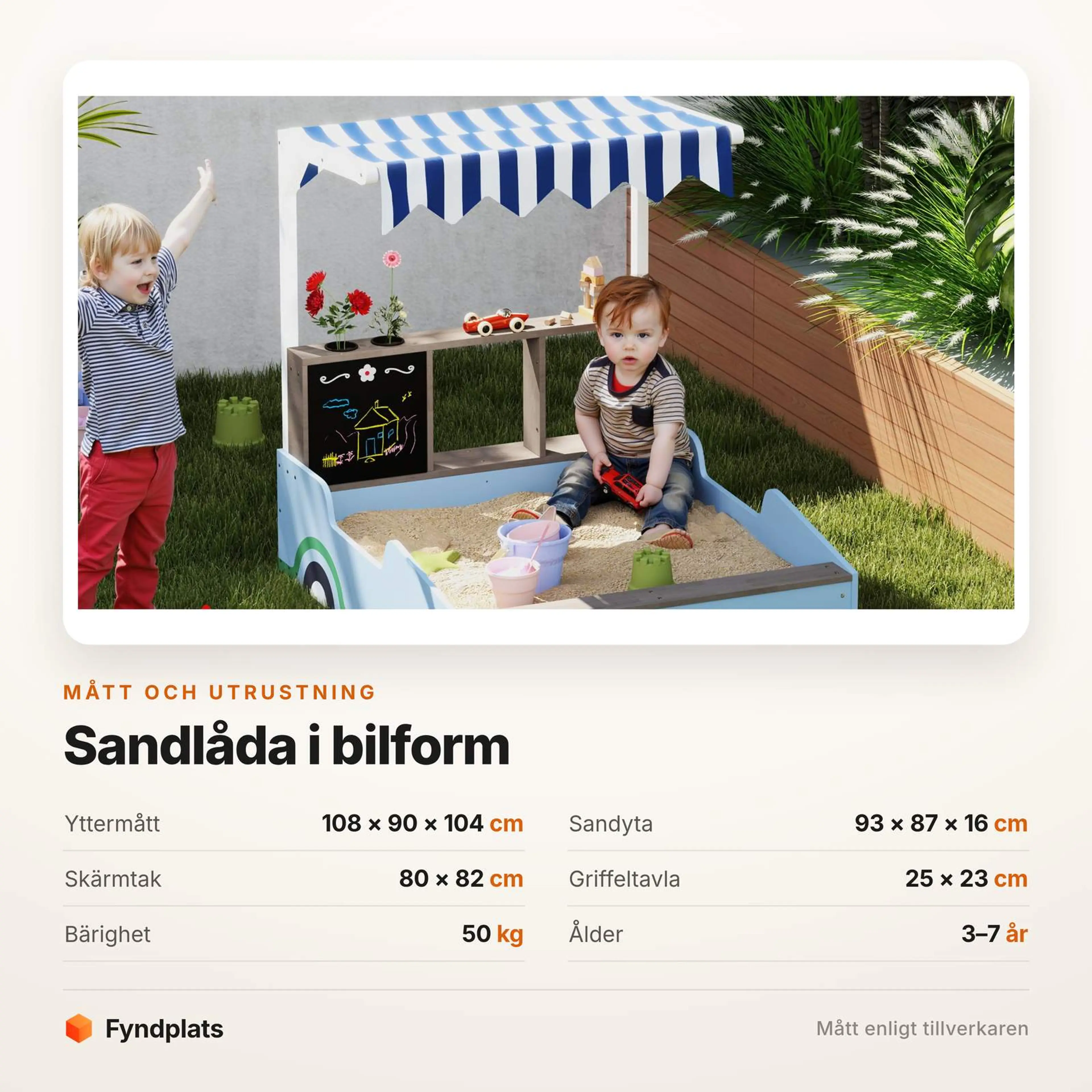Måttkort: yttermått 108 × 90 × 104 cm och sandyta 93 × 87 cm