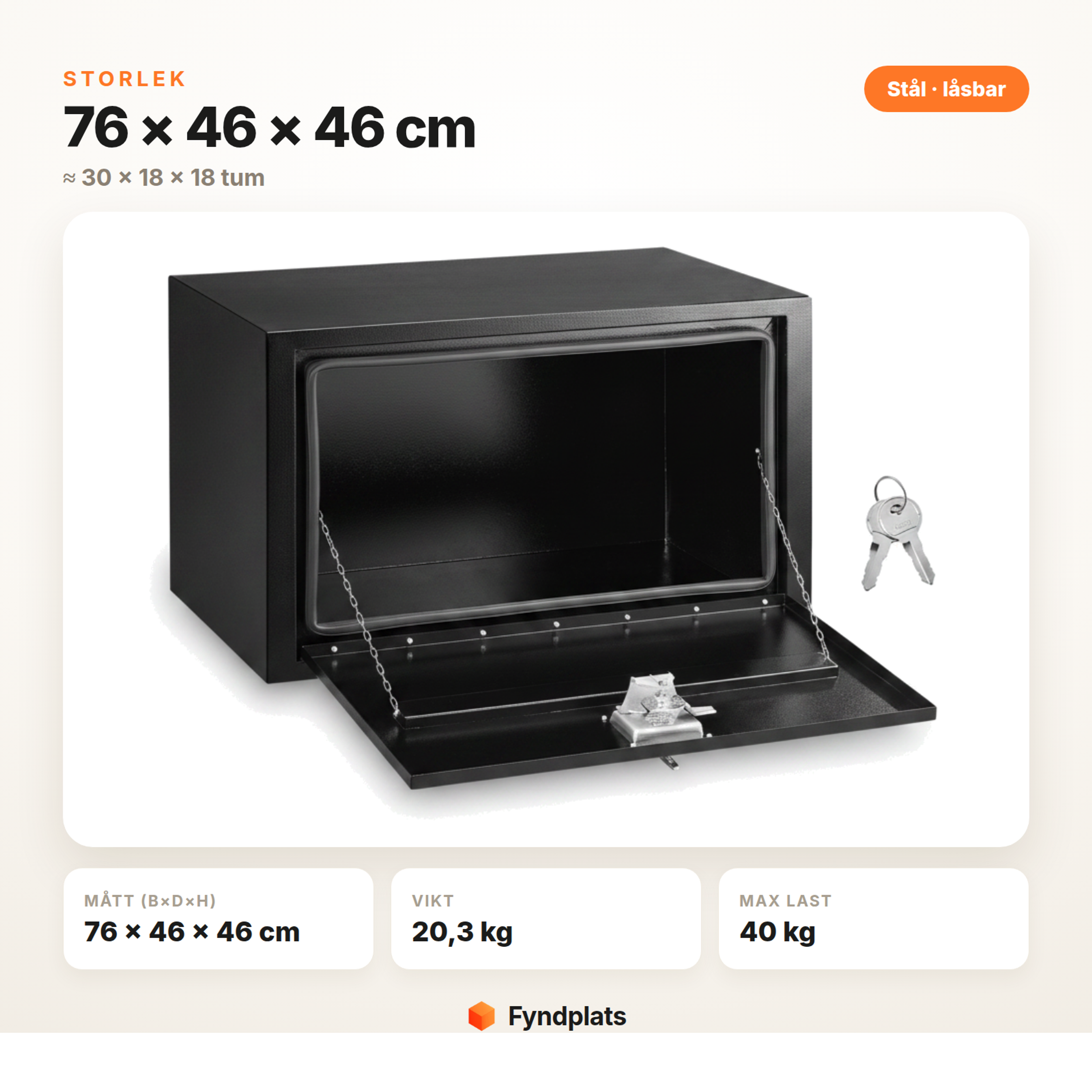 Verktygslåda för lastbil, storlek 76 × 46 × 46 cm – mått, vikt och max last