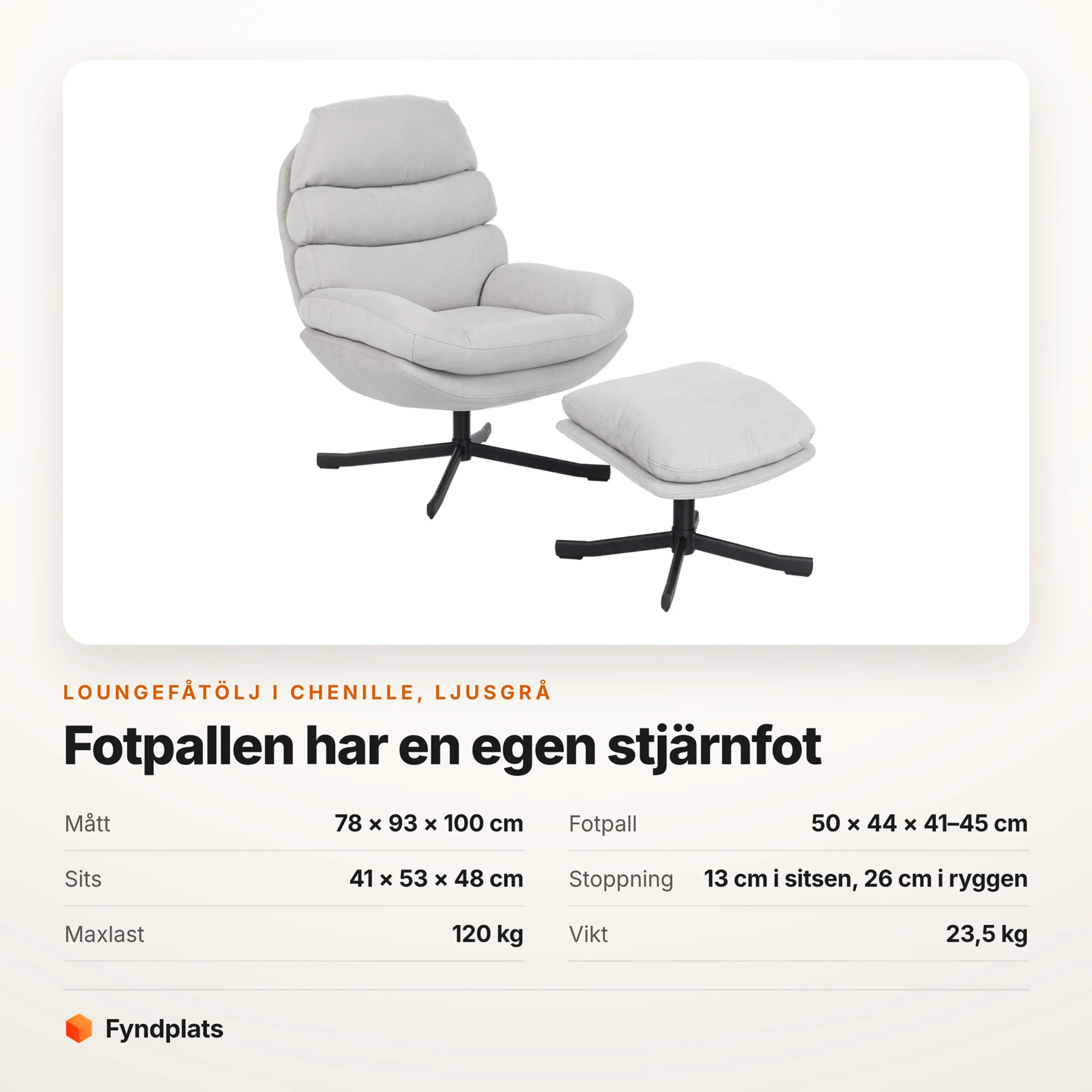 Ljusgrå loungefåtölj i chenille med lös fotpall, mått och maxlast