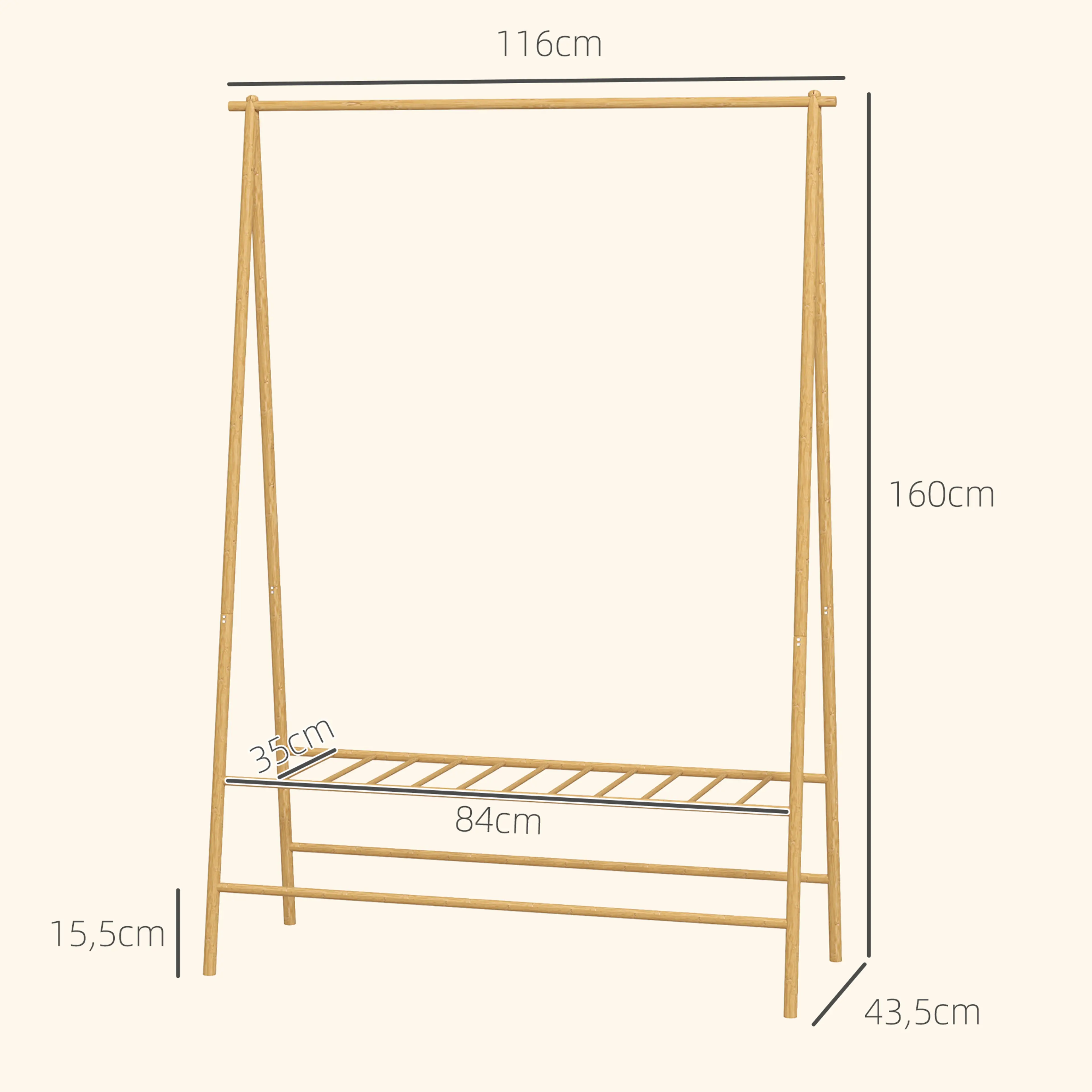 Måttbild: klädstället är 116 × 43,5 × 160 cm och hyllan 84 × 35 cm