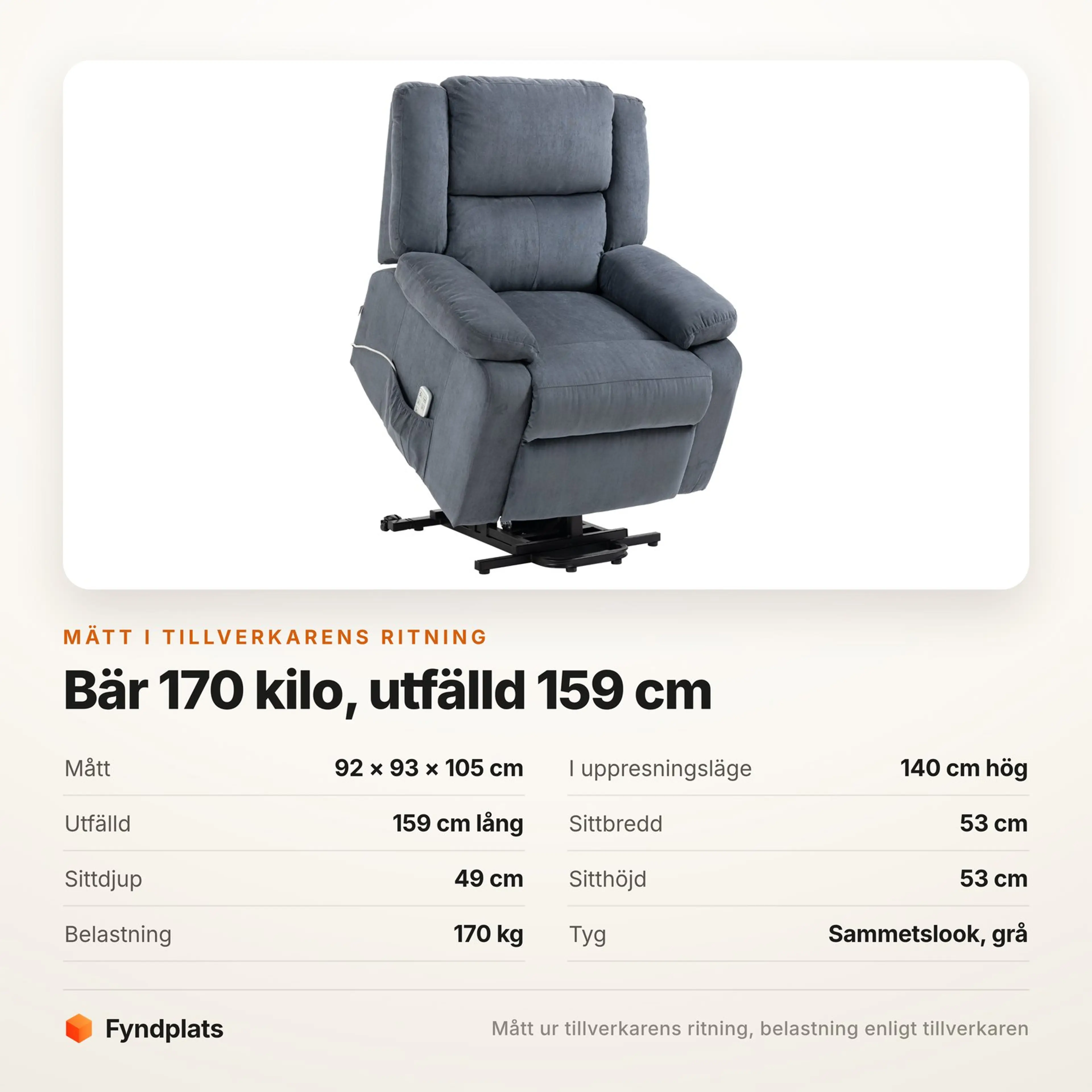 Fyndplats faktakort: mått, sitthöjd, utfälld längd och belastning