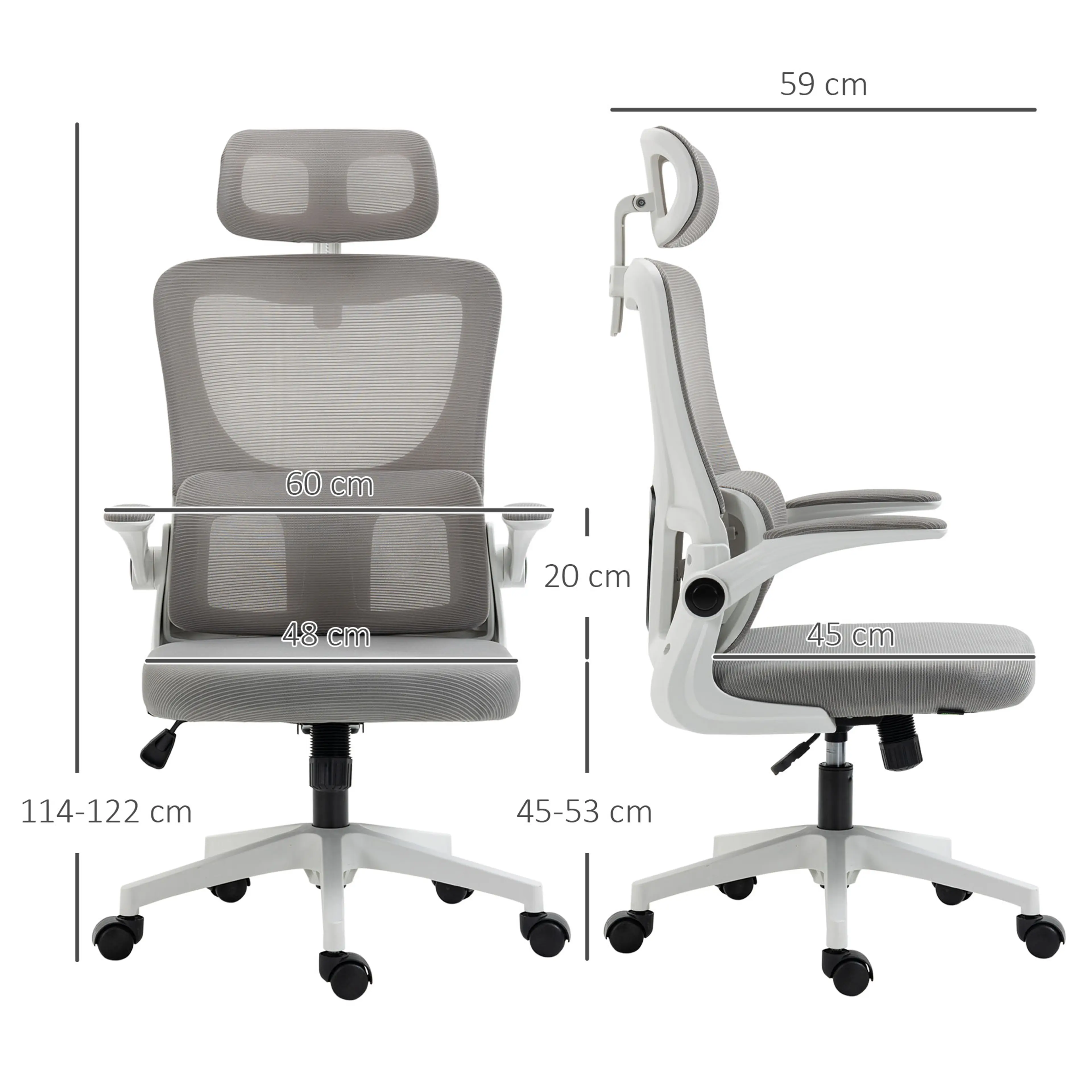 Måttritning med bredd 59 cm, höjd 114–122 cm, sitthöjd 45–53 cm och armstöd 20 cm