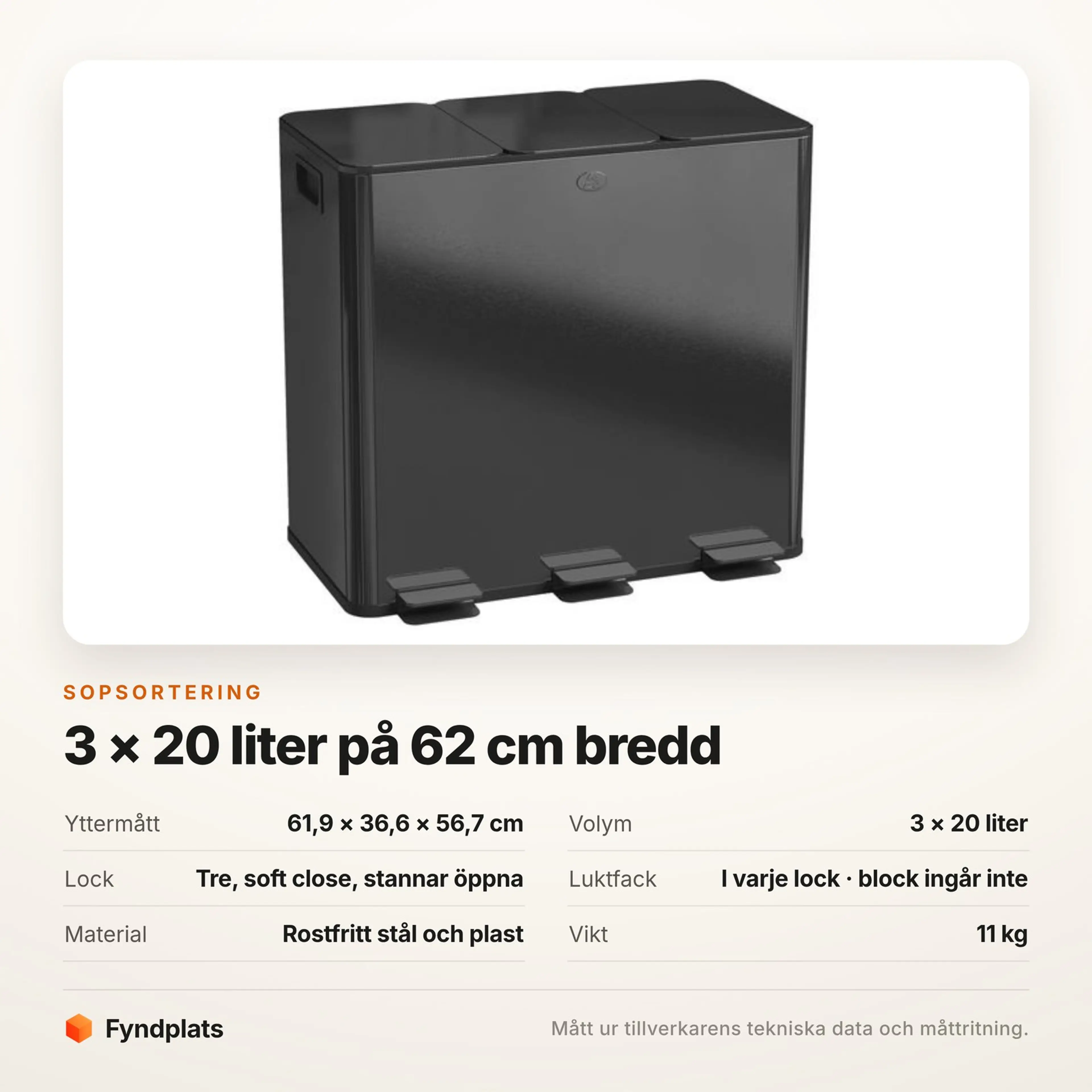 Specifikationskort för sopsorteringen med mått, volym och lockfunktion
