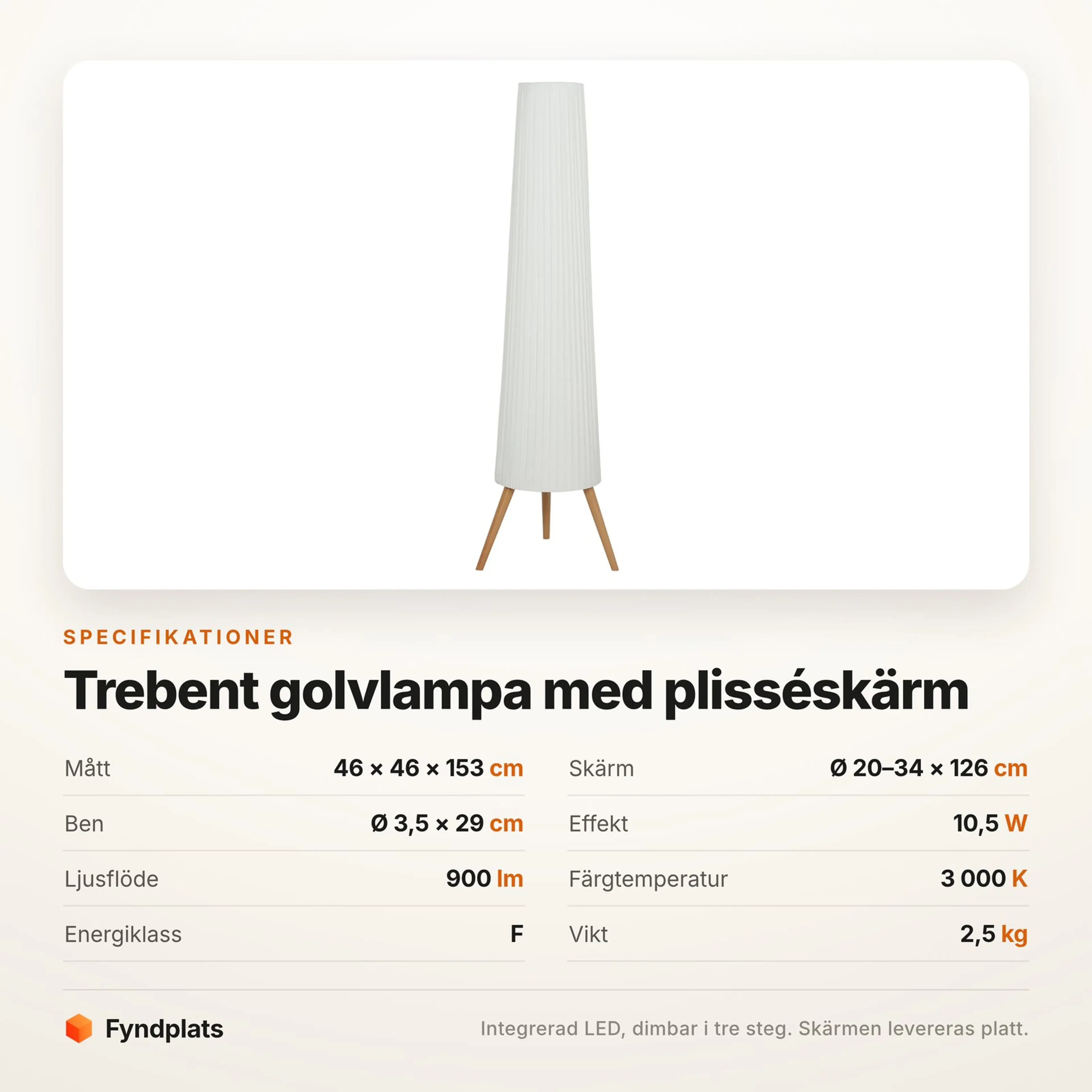 Fyndplats specifikationskort med lampans mått, effekt och ljusflöde