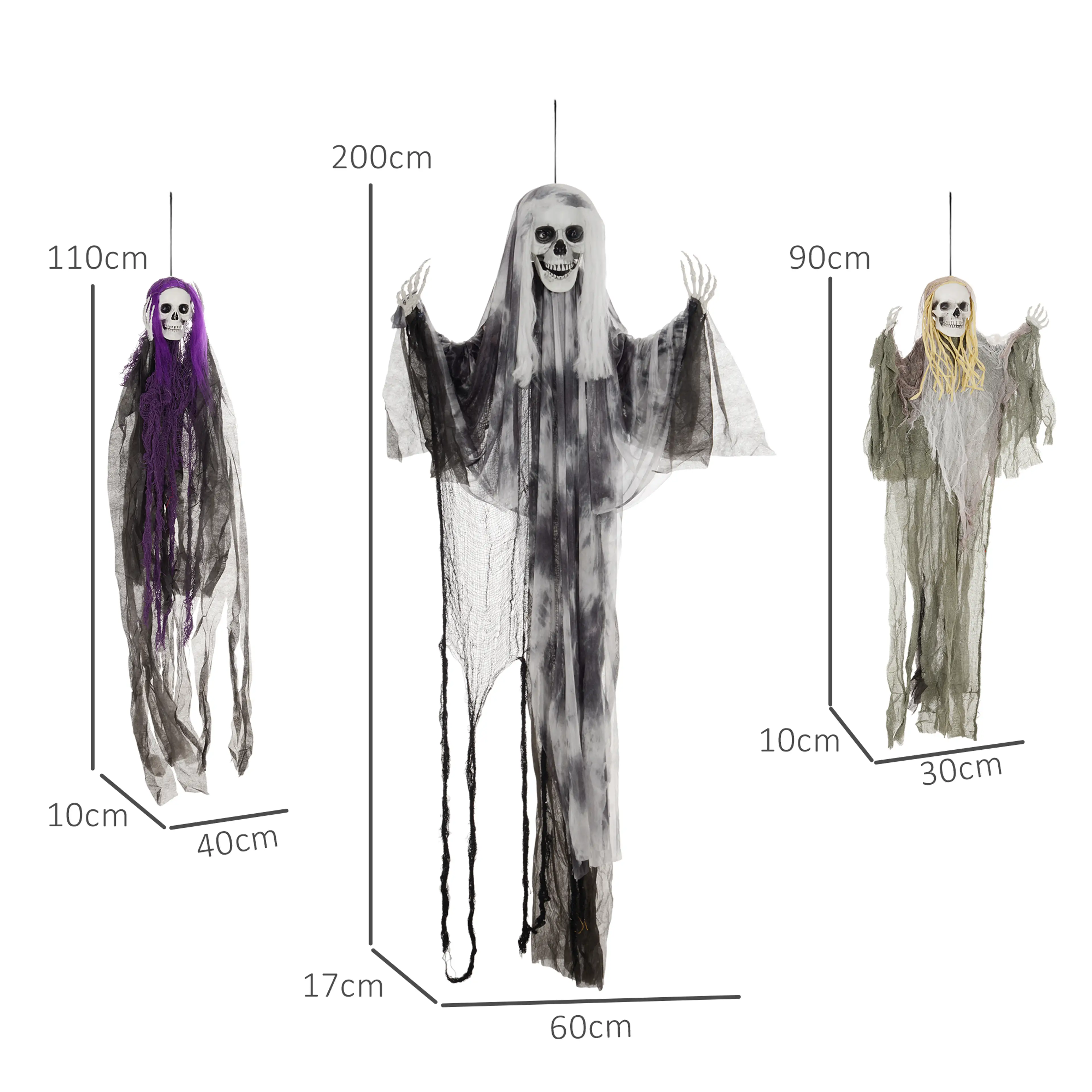 Måttbild: spökena är 110, 200 och 90 cm höga