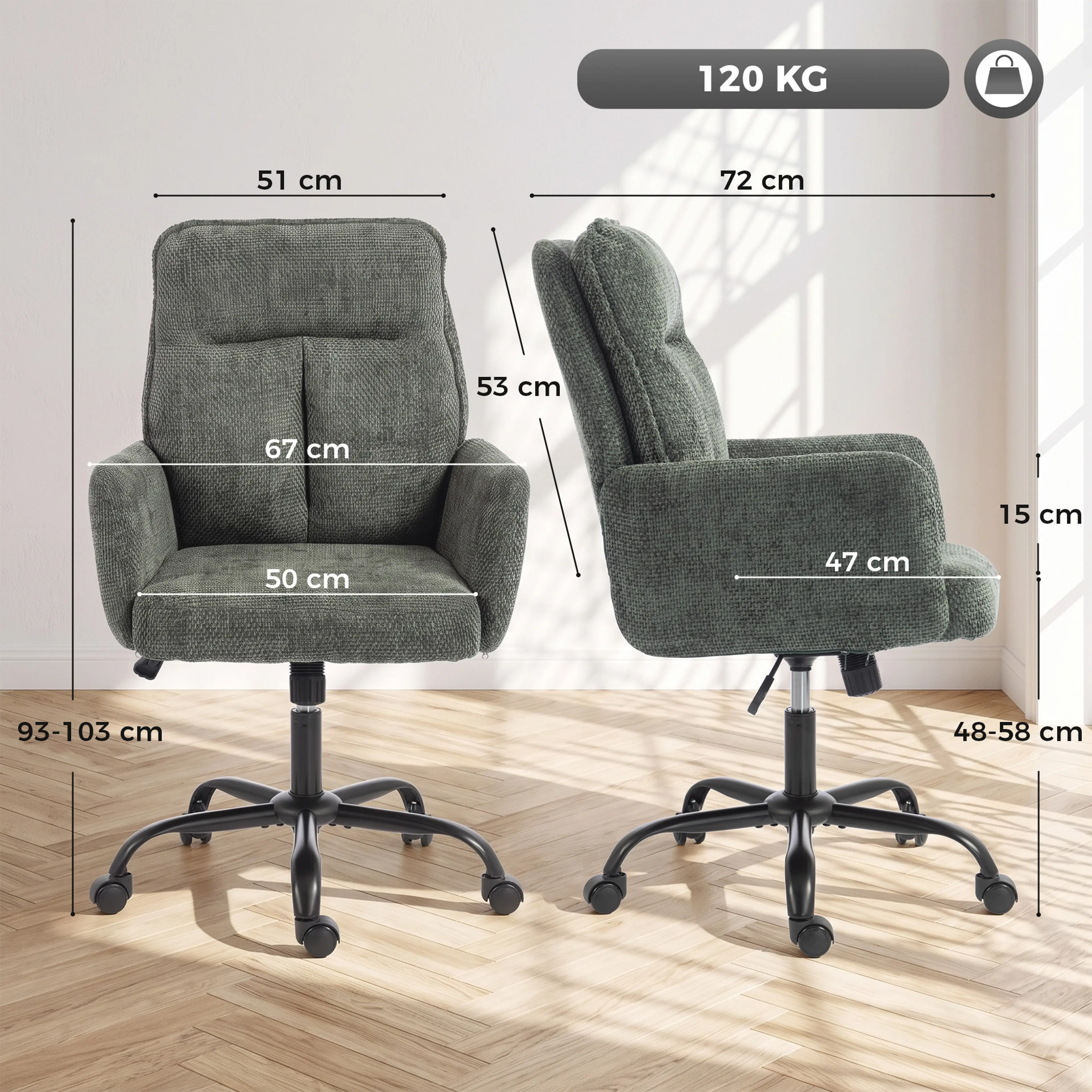 Måttbild: 67 × 72 cm, höjd 93–103 cm, sits 50 × 47 cm och sitthöjd 48–58 cm