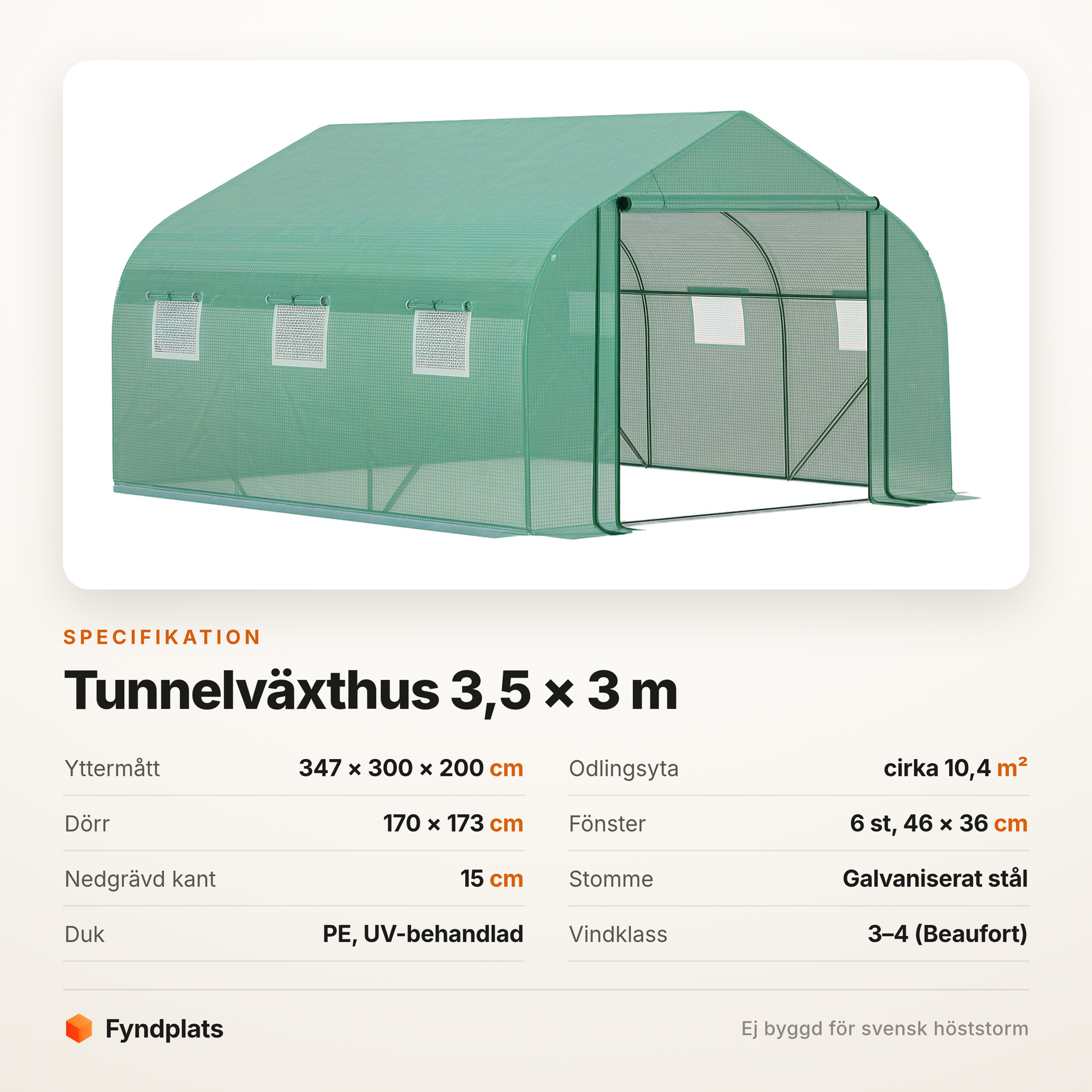 Specifikation för tunnelväxthus 3,5 × 3 m – 10,4 m², galvaniserad stomme, PE-duk