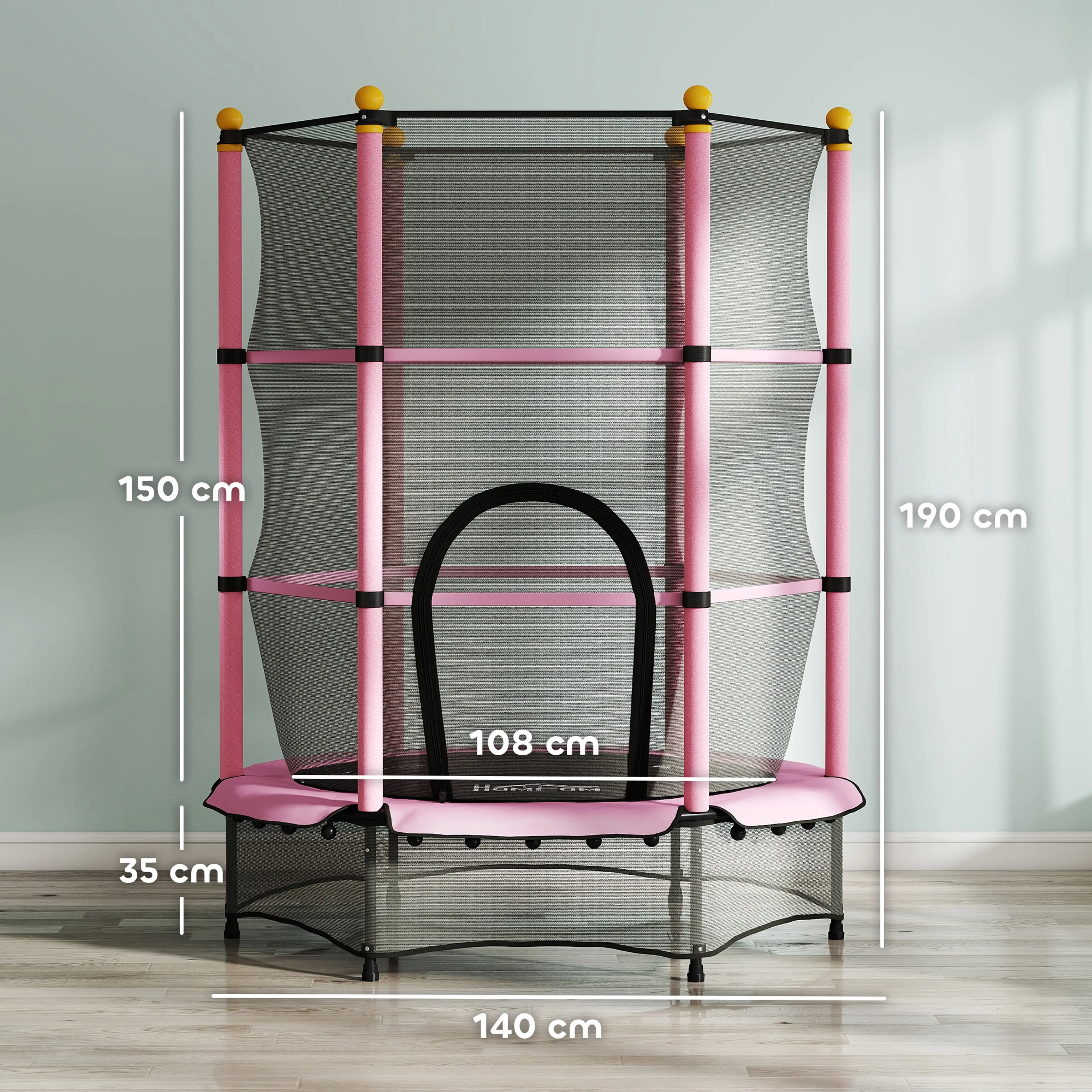 Måttskiss: skyddsnätet 150 cm högt, hoppytan 35 cm över golvet och 140 cm mellan fötterna