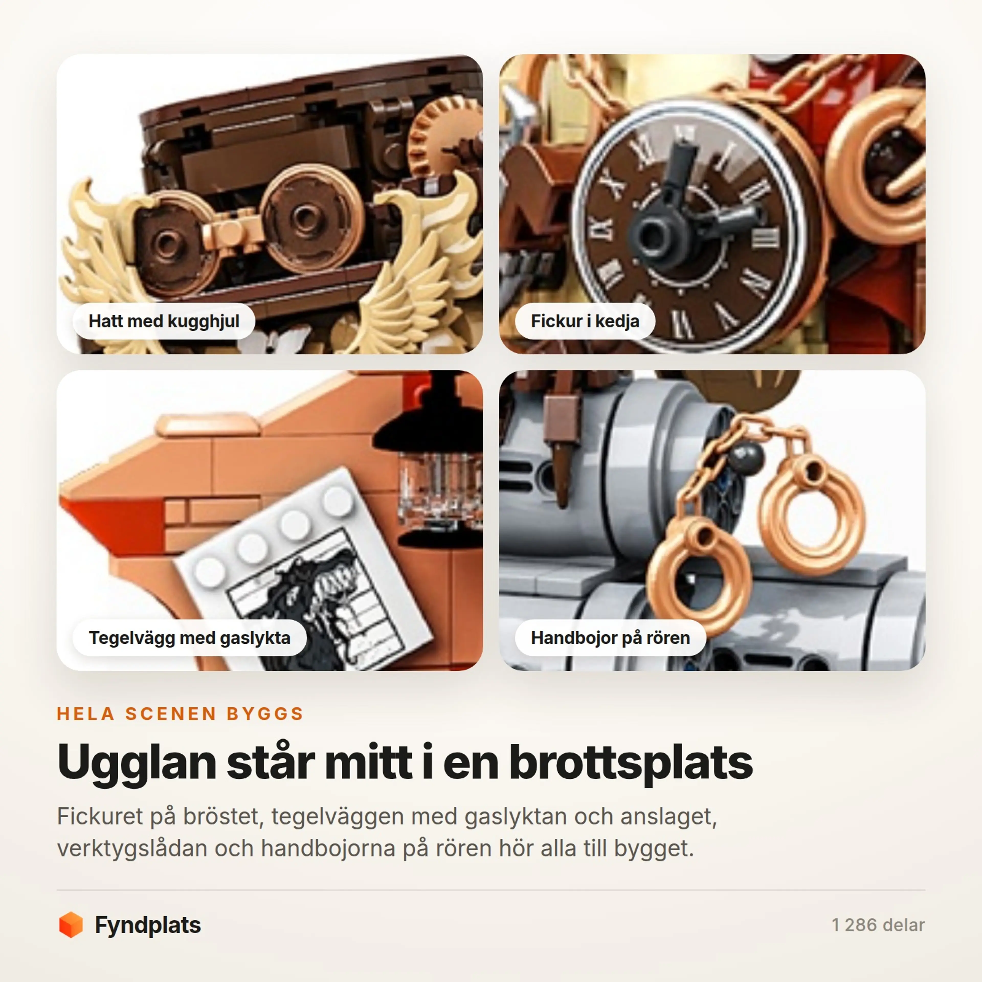 Fyndplats-kort: närbilder på hatten med kugghjul, fickuret, tegelväggen med gaslykta och handbojorna