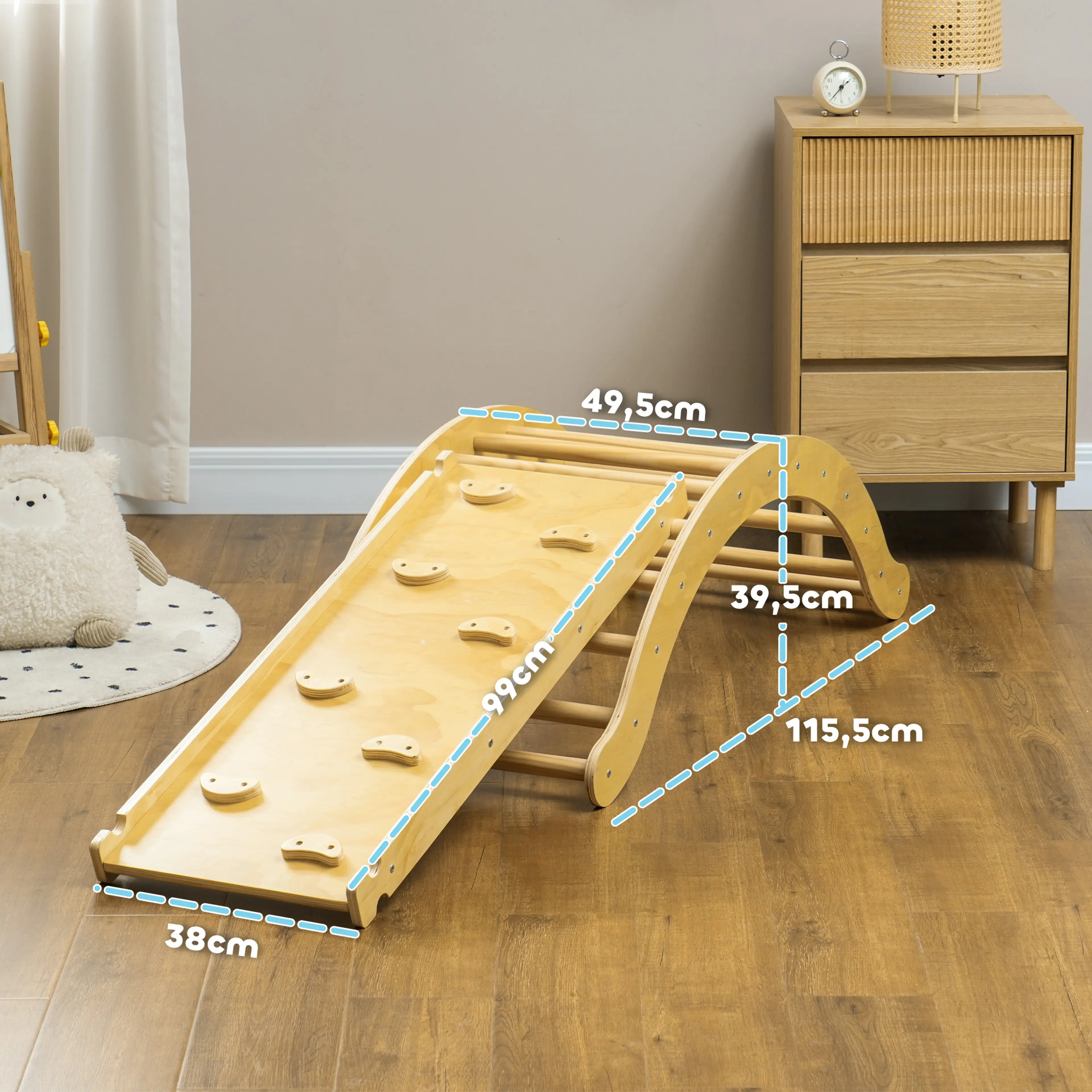 Måttbild: rampen är 99 × 38,5 cm och bågen 115,5 × 49,5 × 39,5 cm