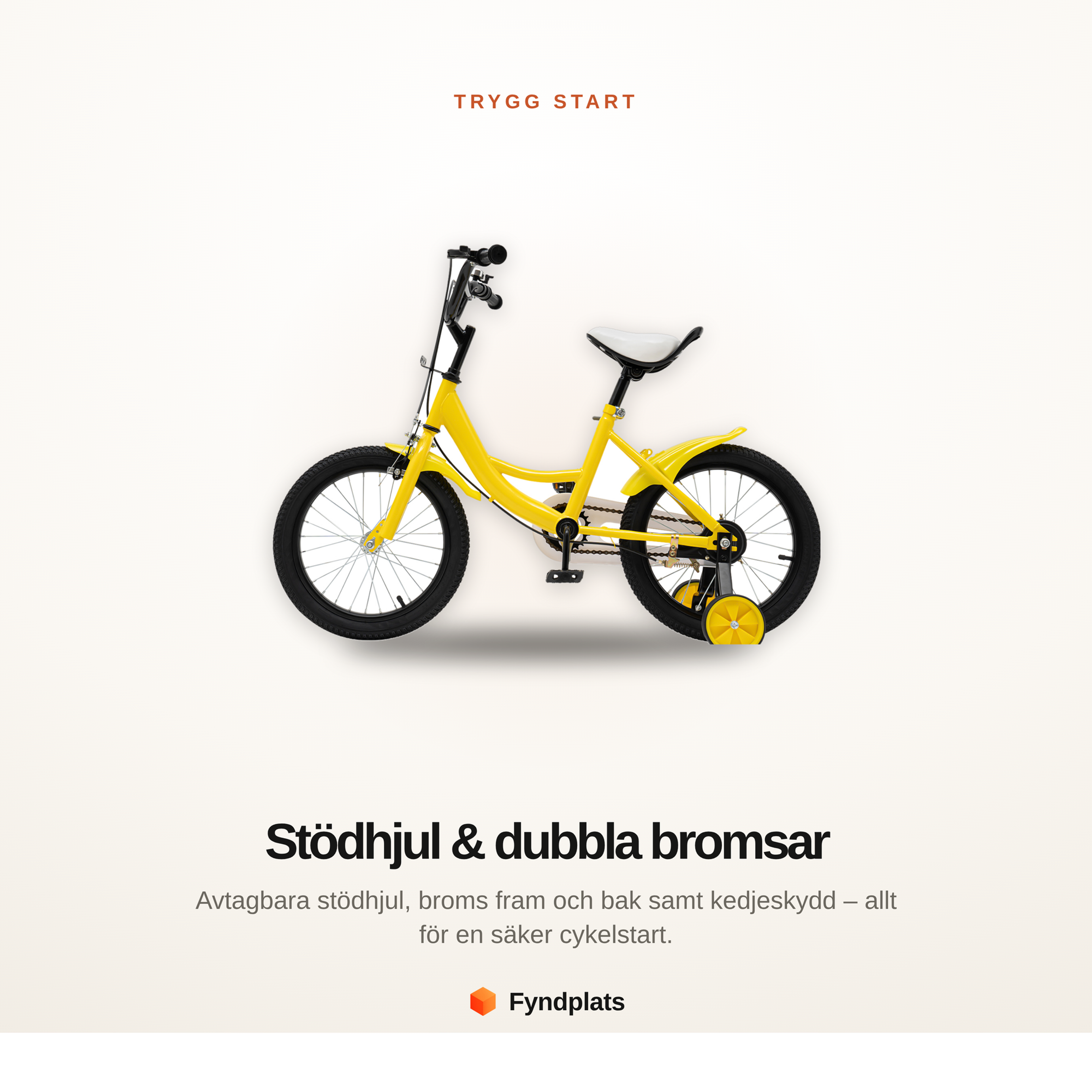 Barncykel 16 tum med stödhjul för barn 100–135 cm – dubbla bromsar, gul