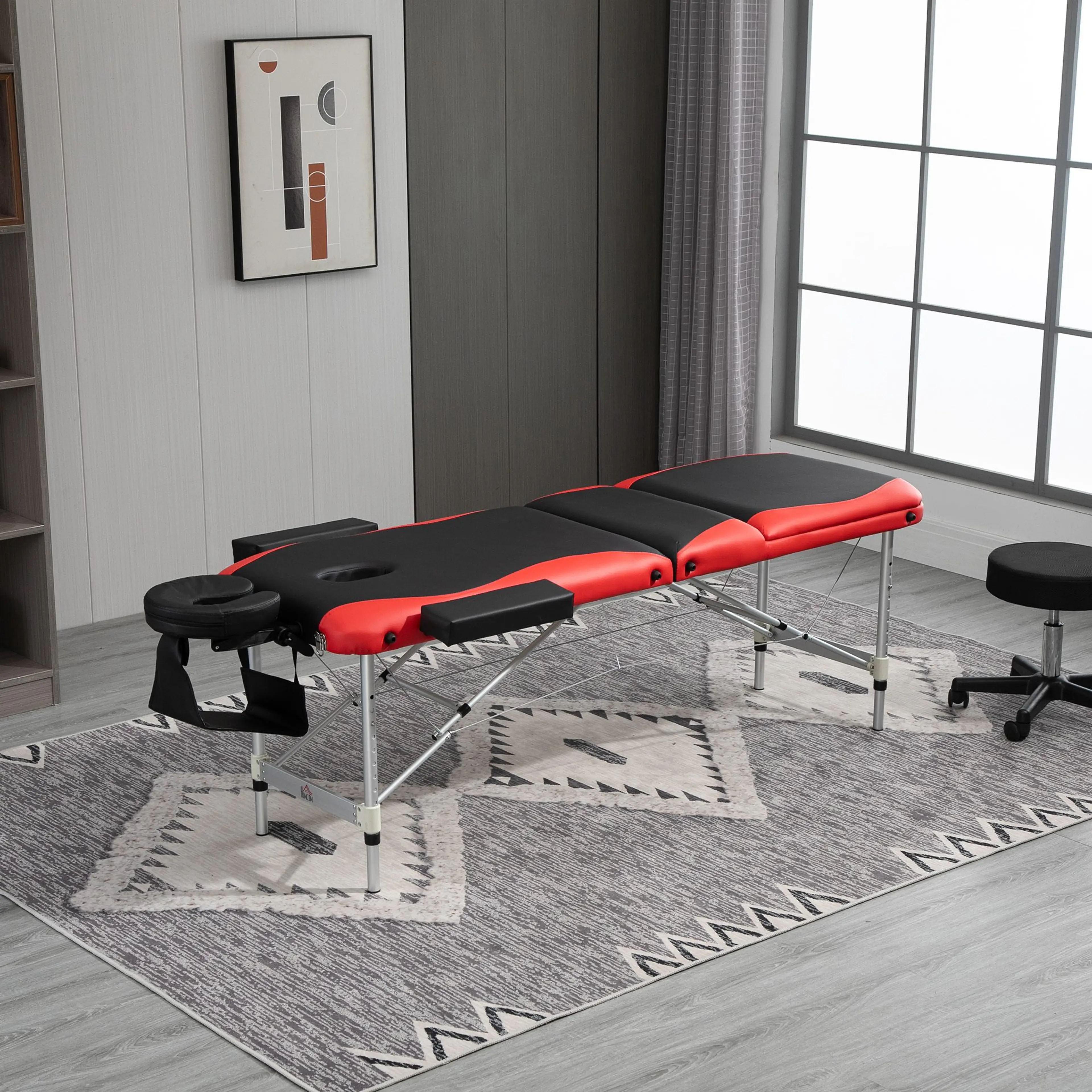Svart och röd hopfällbar massagebänk i tre delar med aluminiumram (2)