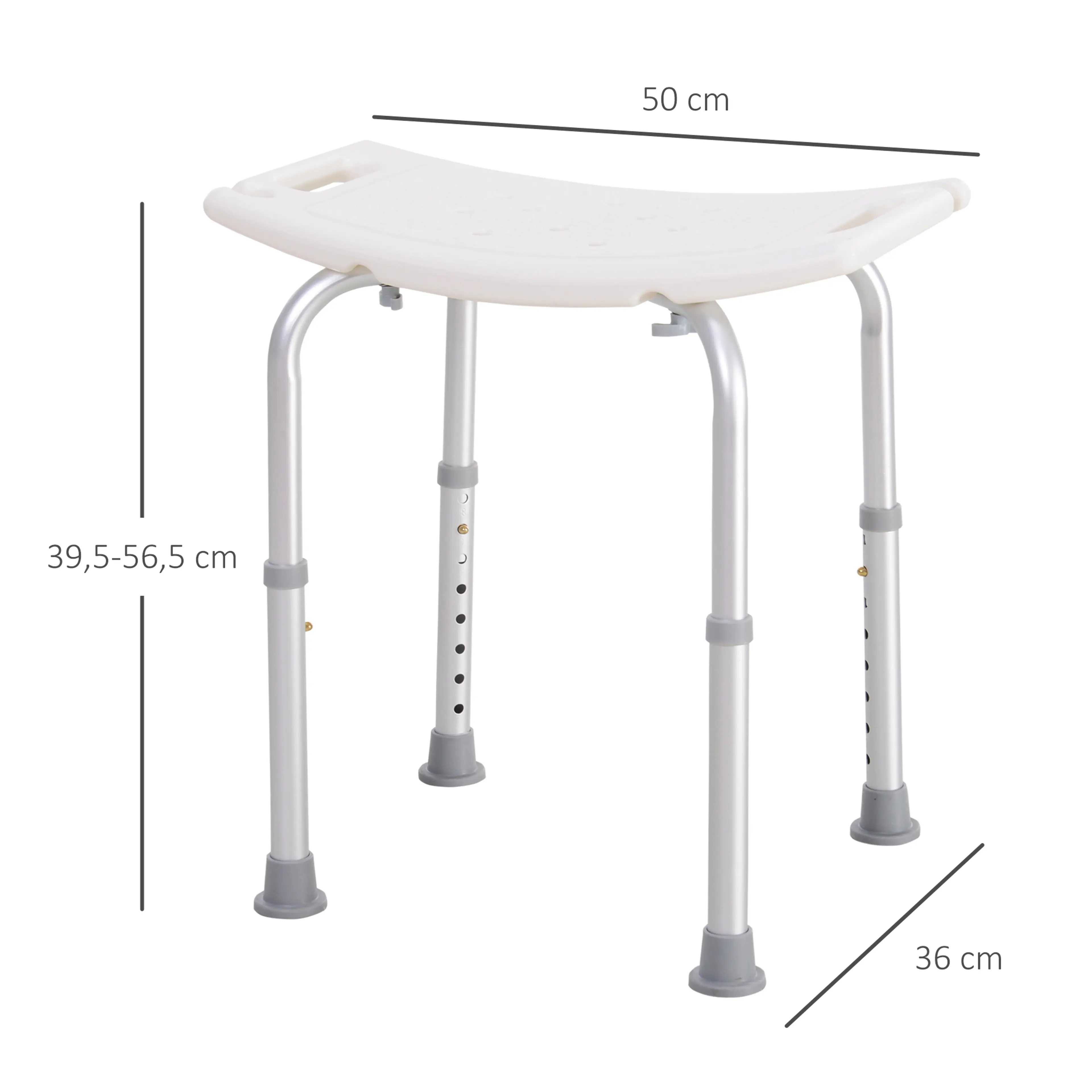 Duschpallens mått: 50 cm bred, 36 cm djup och 39,5–56,5 cm hög