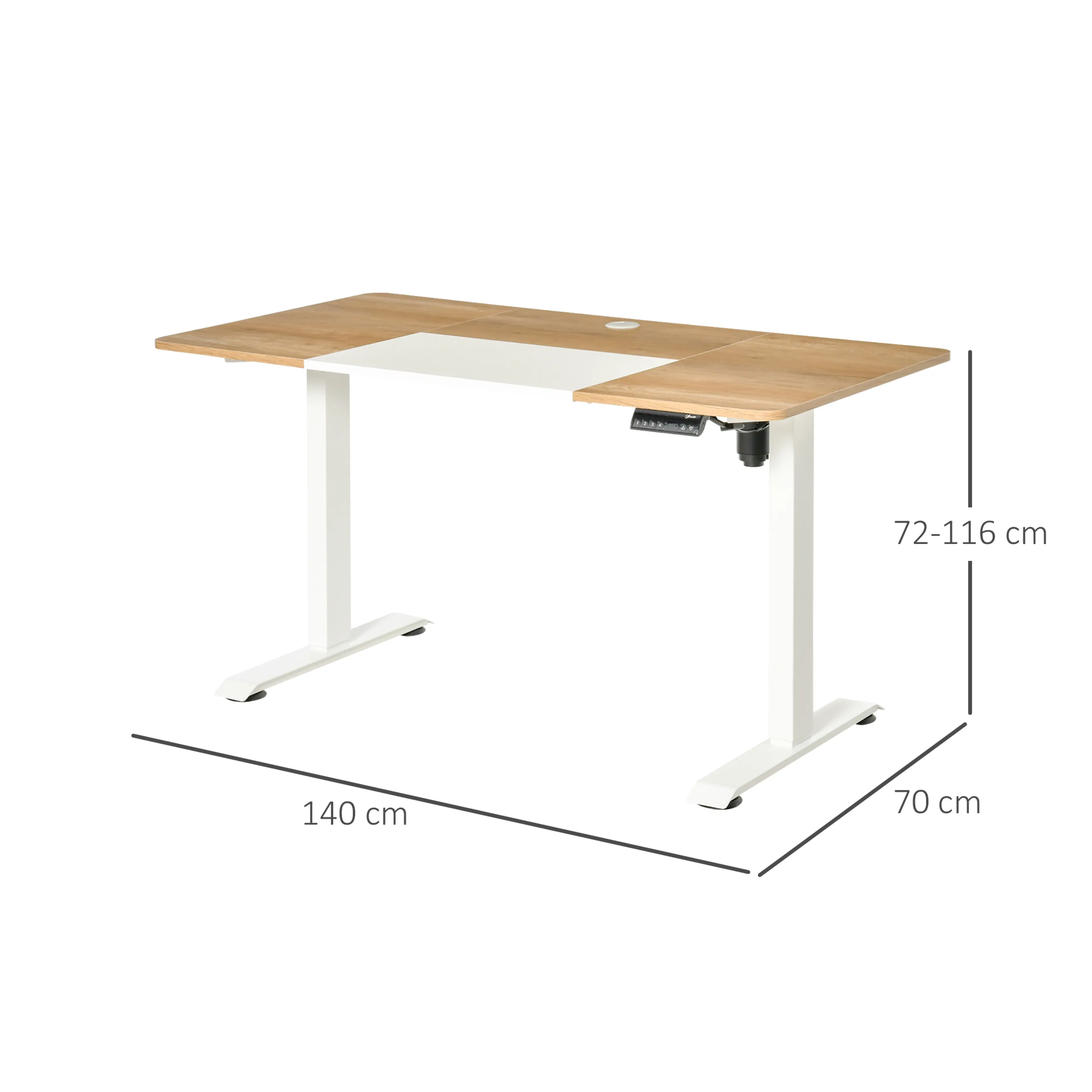 Måttskiss: skiva 140 × 70 cm och höjd 72–116 cm