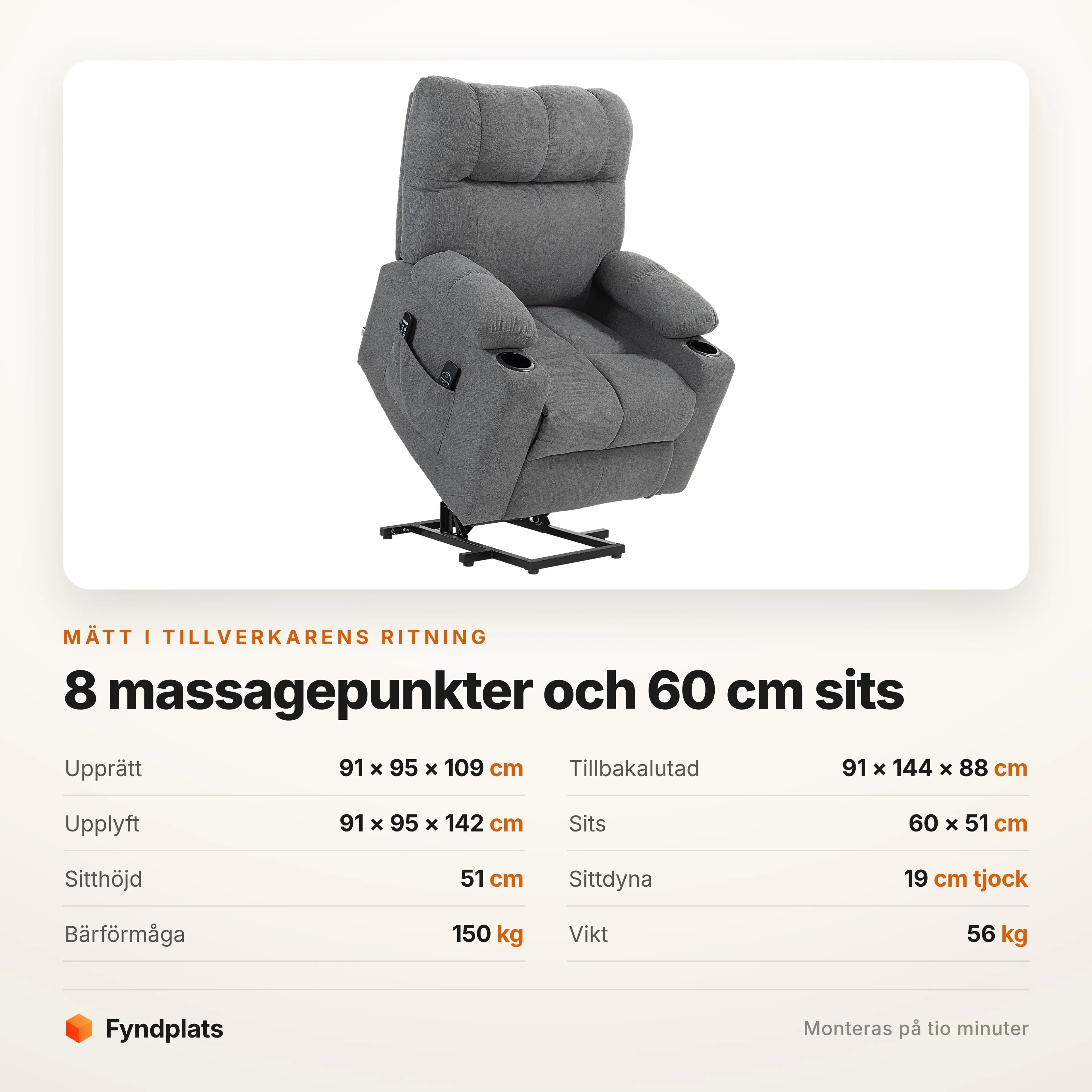 Specifikationer: 91 × 95 × 109 cm, sits 60 cm, bär 150 kg